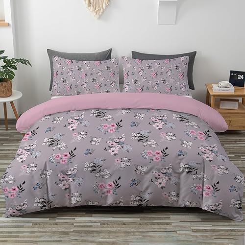 Juego de funda de edredón con diseño de flores hermosas, tamaño individual, color rosa, ropa de cama de granja, color gris y rosa, con cremallera,
