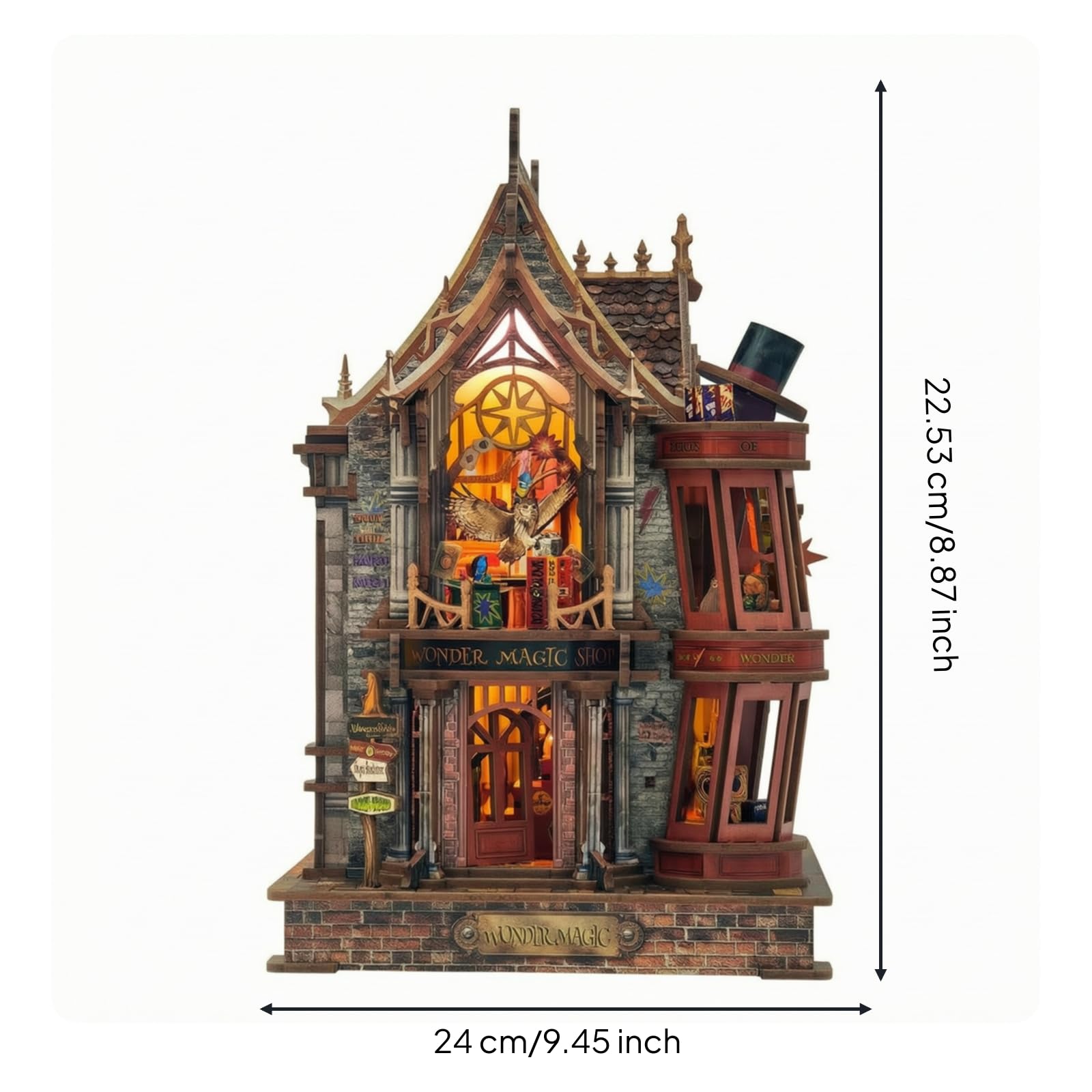 Casa en Miniatura con Luces Maqueta Kit Ornamento Madera Decorativo y Base Estable Adecuada para Escritorio Estantería Rincón de Lectura