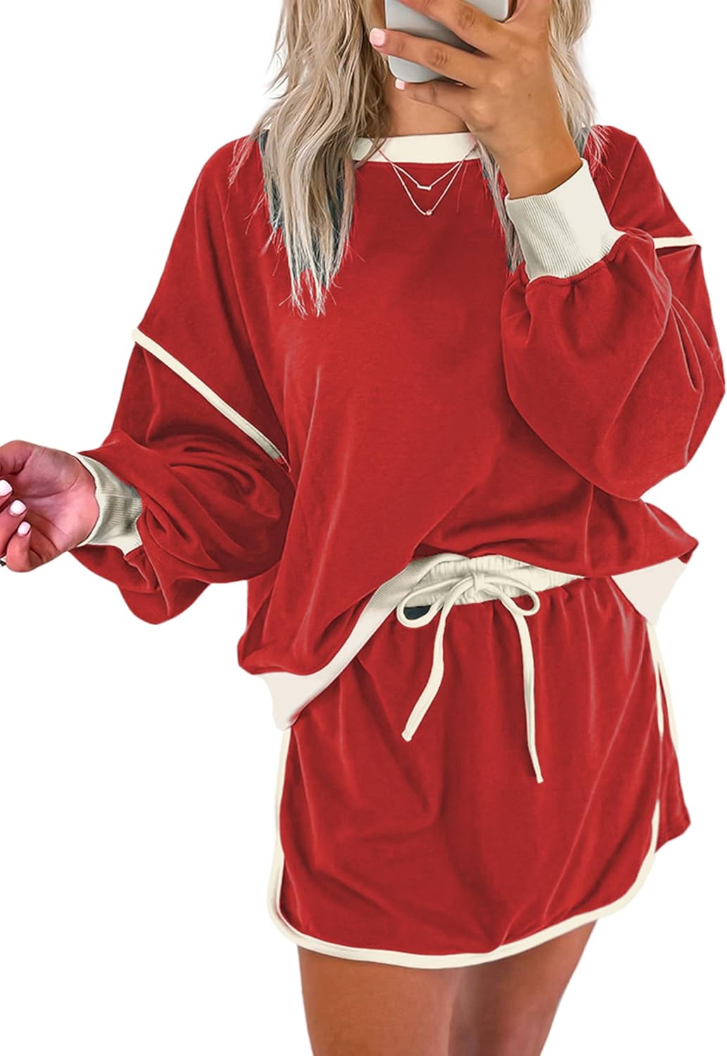 SELINK Womens Striped 2 Piece Outfit Tracksuit Oversized Lounge Set Casual Top and Skorts Matching Sets