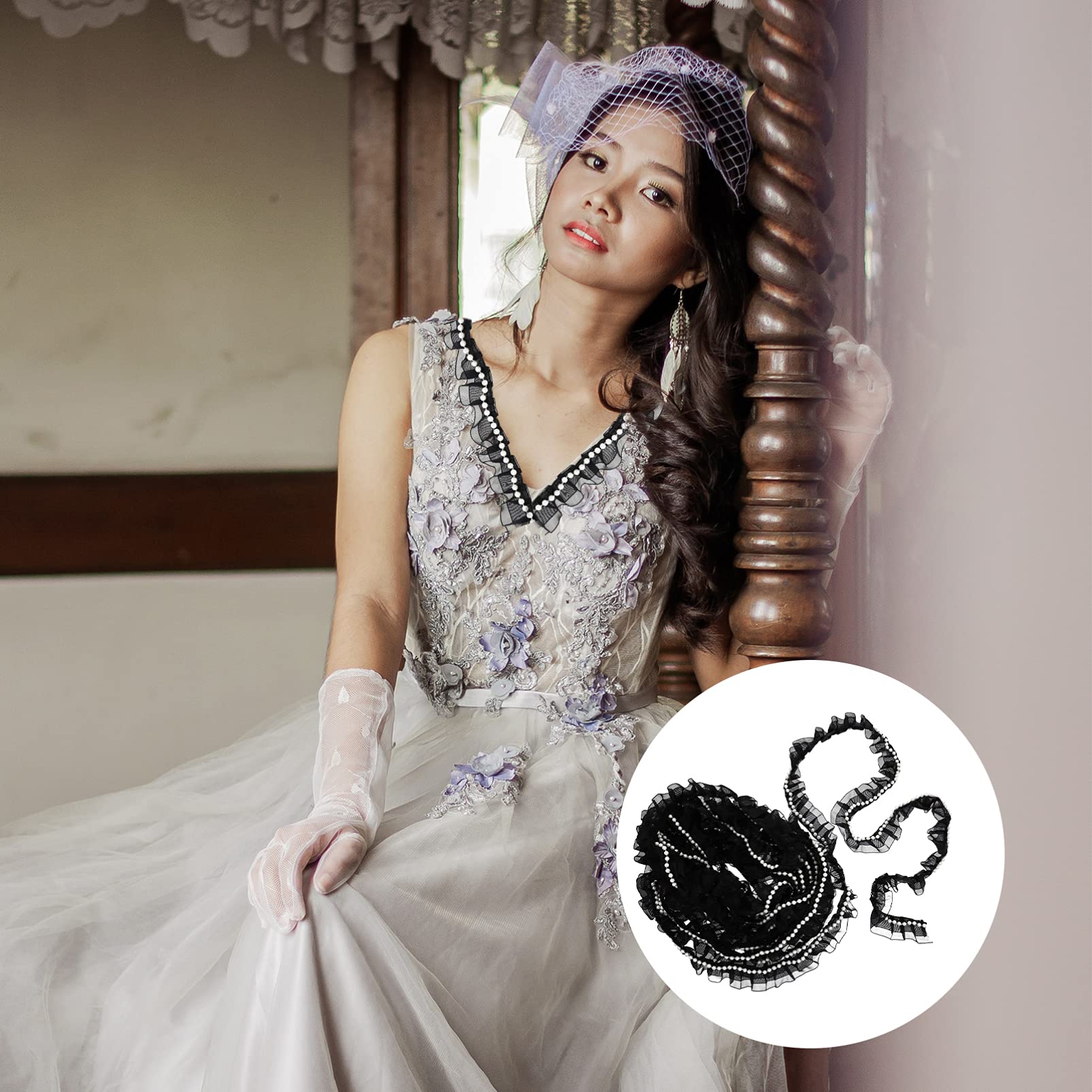 1 Pieza de Cinta de Encaje Plisado Doble con Adorno de Encaje de Perlas Bordado para El Cuello del Vestido de Novia Decoración del Hogar