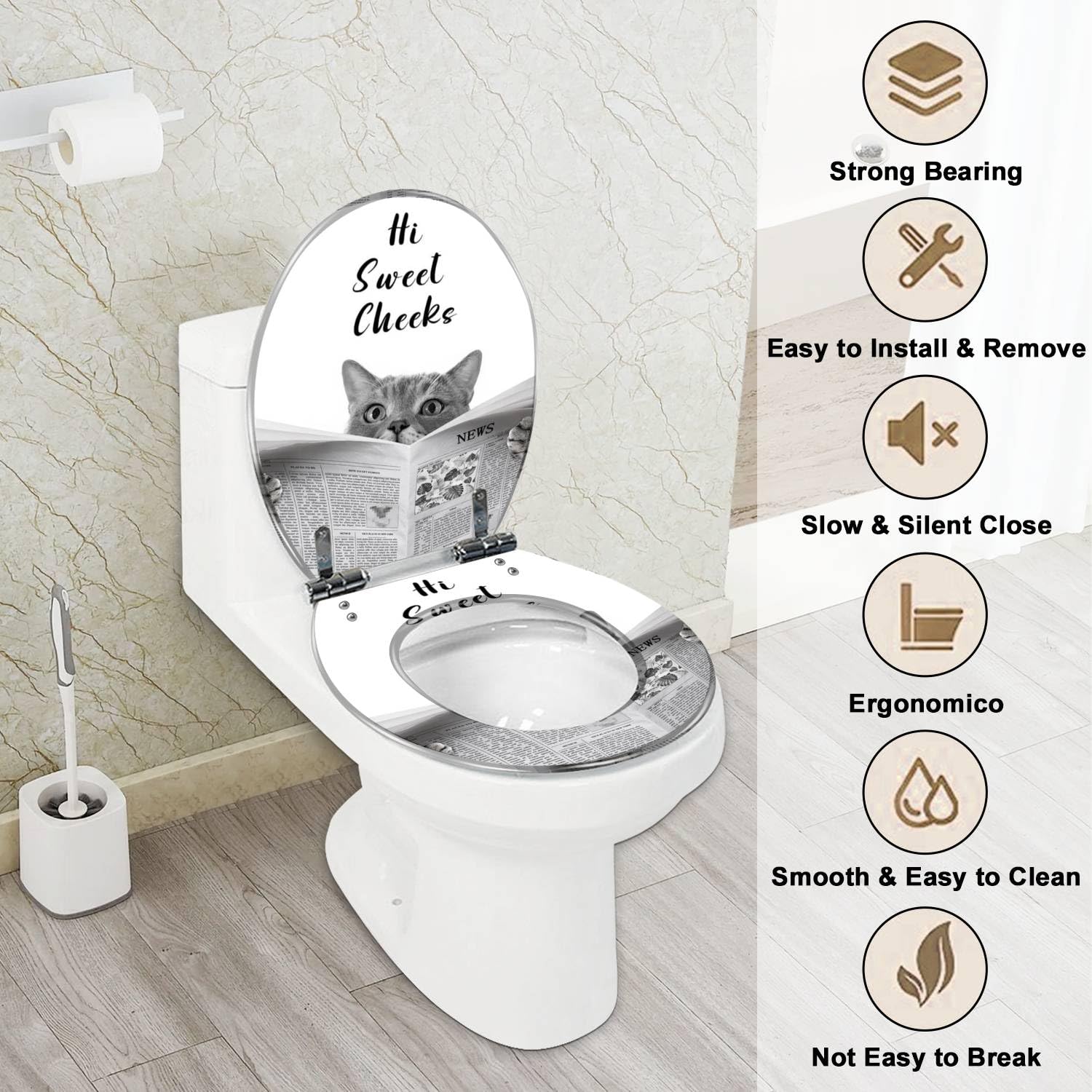 Round Toilet Seat Funny Cat Farmhouse Bathroom Decor Resin Toilet Seat with Quietly Close Quick Release Hinges Decorative Toilet Seat with Cover Easy to Clean and Install
