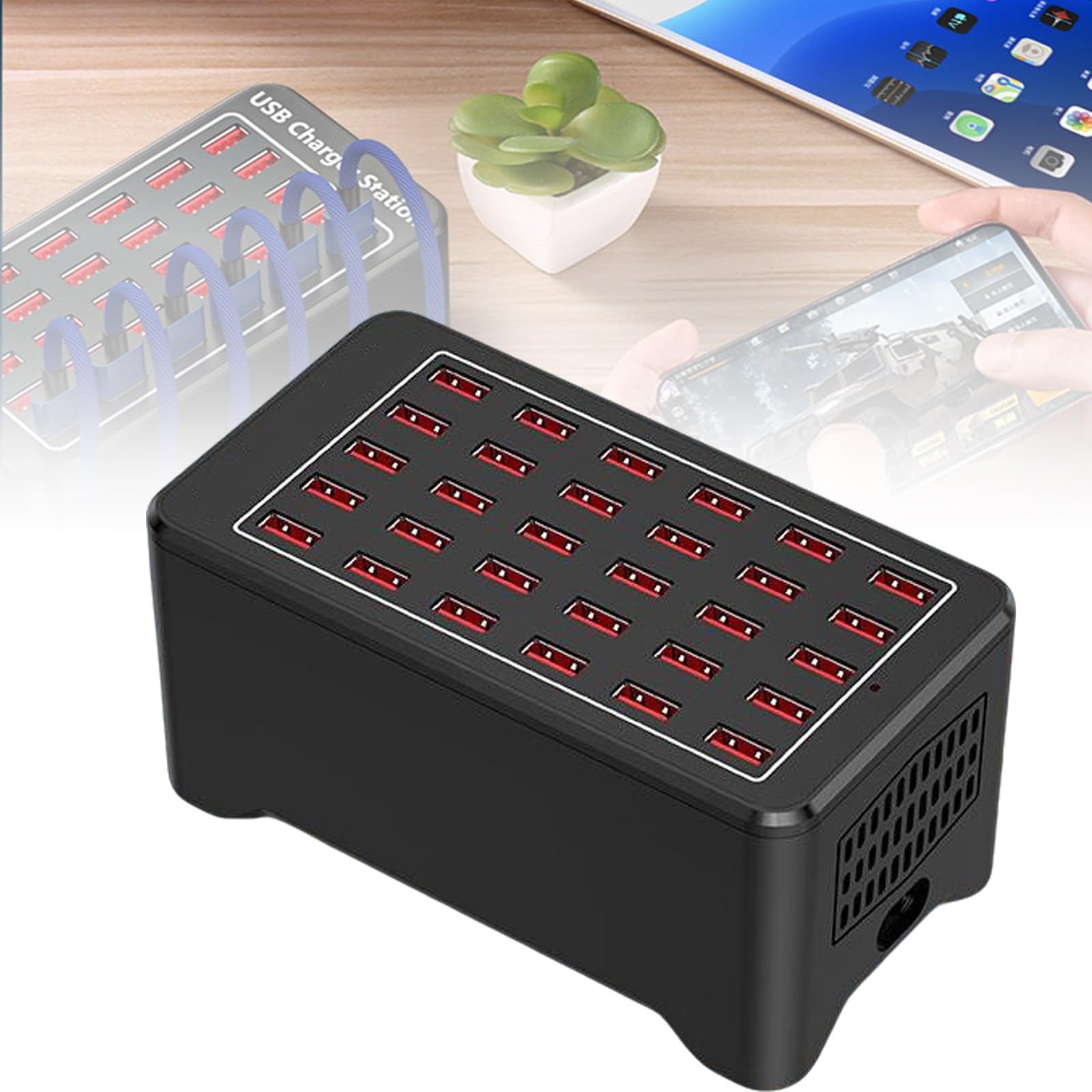 Stacja ładująca dla wielu urządzeń. Szybkie ładowanie 2,5 godziny. Inteligentne chłodzenie. Łatwe przenoszenie. Ładowanie kompatybilne ze wszystkimi USB 30-Port-150W