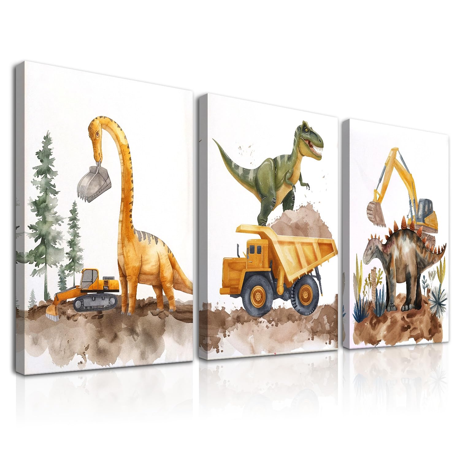 Dazzlewall 3Pcs Framed Kids Dinosaur Wall Art, Construction Truck Posters for Toddler Bedroom Nursery Decor 12x16 in