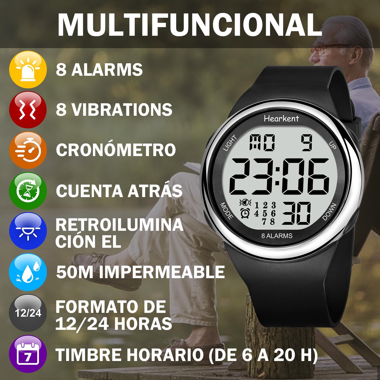 Hearkent Reloj de vibración con 8 alarmas para Personas Mayores | Reloj recordatorio de medicamentos para Personas sordas, recordatorio de alarmas(Negro)