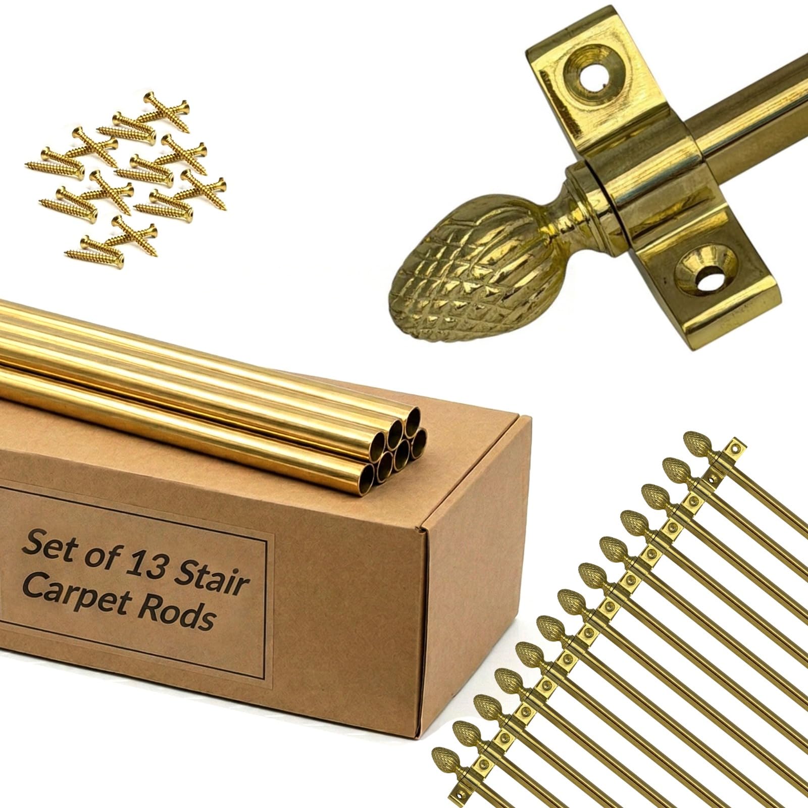Stair Carpet Rod 70cm, Polished Brass Runner Bar with Pine Finial, Decorative Metal Rod for Staircase Runners, Includes Bracket & Fixings (1 x Single Rod)