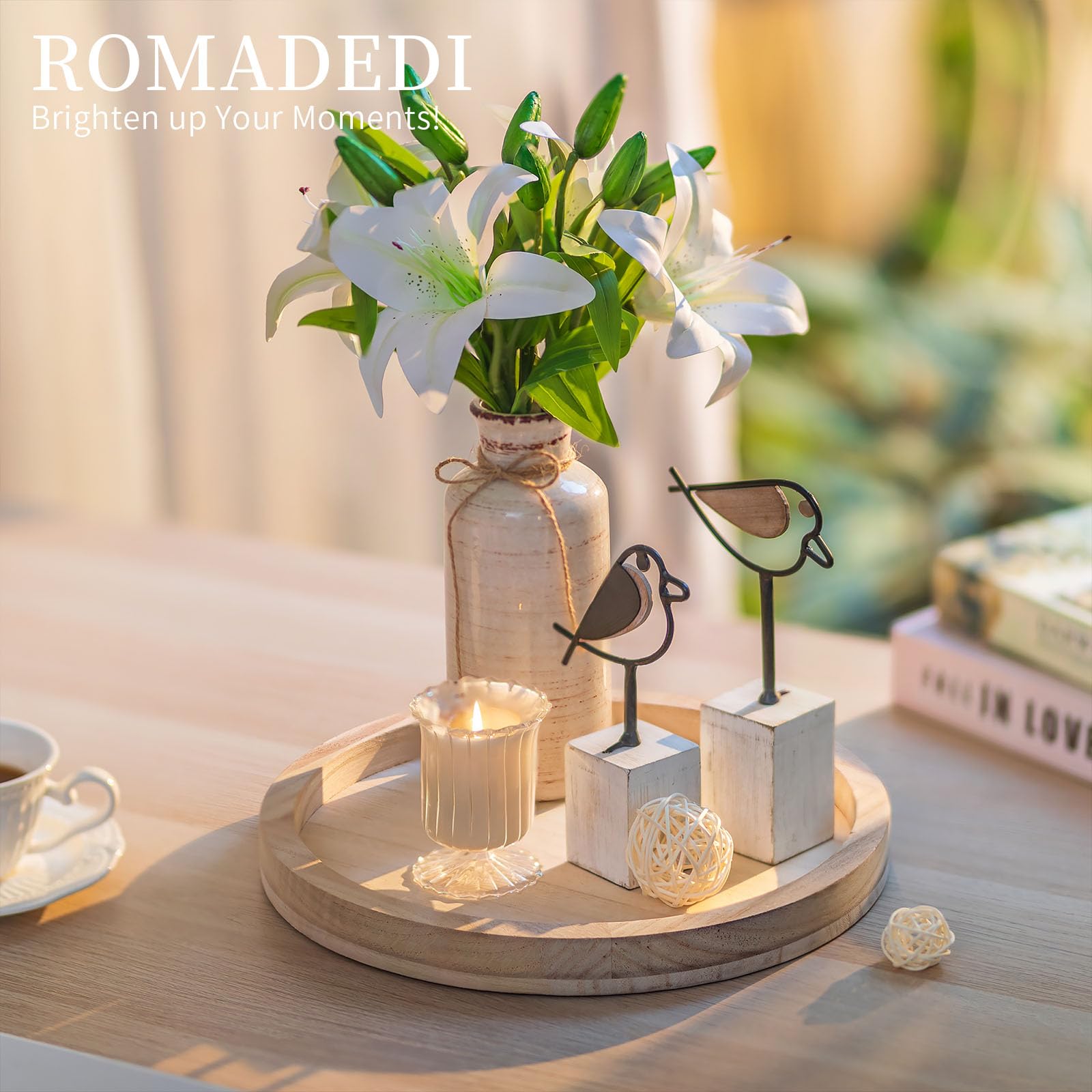 Romadedi Round Wooden Decorative Tray:Rustic Candle Tray for Pillar Candles Farmhouse Wood Serving Tray for Table Centrepiece Kitchen Countertop Home Decor,28.5cm - Image 4