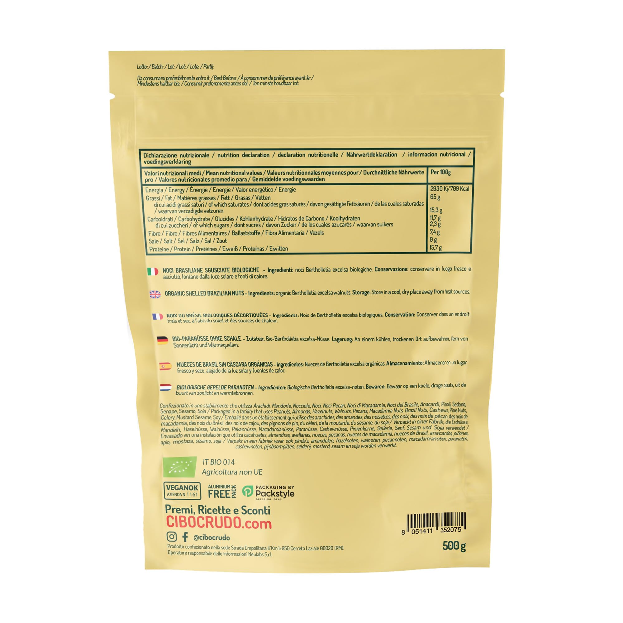Noix du Bresil Bio - 500g. Noix Décortiquées. Contient Fibres Protéines Sélénium et Minéraux. Comme Casse-Croûte ou Pour les Recettes. Pour Végétariens et Végétaliens.