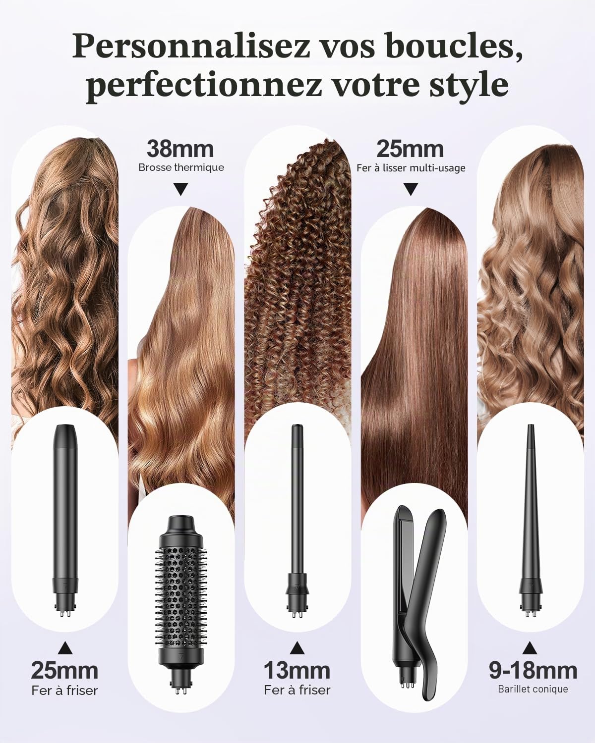 Fer à Boucler BESTOPE PRO, Ensemble de Fers à Boucler 5 en 1 Avec Lisseur, Brosse Thermique, 3 Fers à Boucler en Céramique (9 mm-25 mm) Pour Boucles Larges, 13 Températures