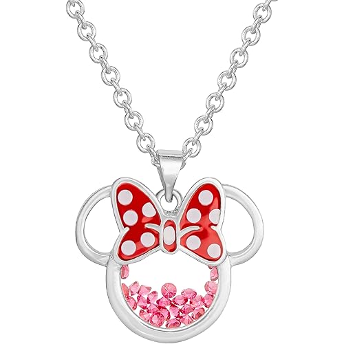 Disney Women and Birthstone Jewelry - Minnie Mouse Cubic Zirconia Shaker Pendant Necklace, Silver Plated, 18+2" Extender