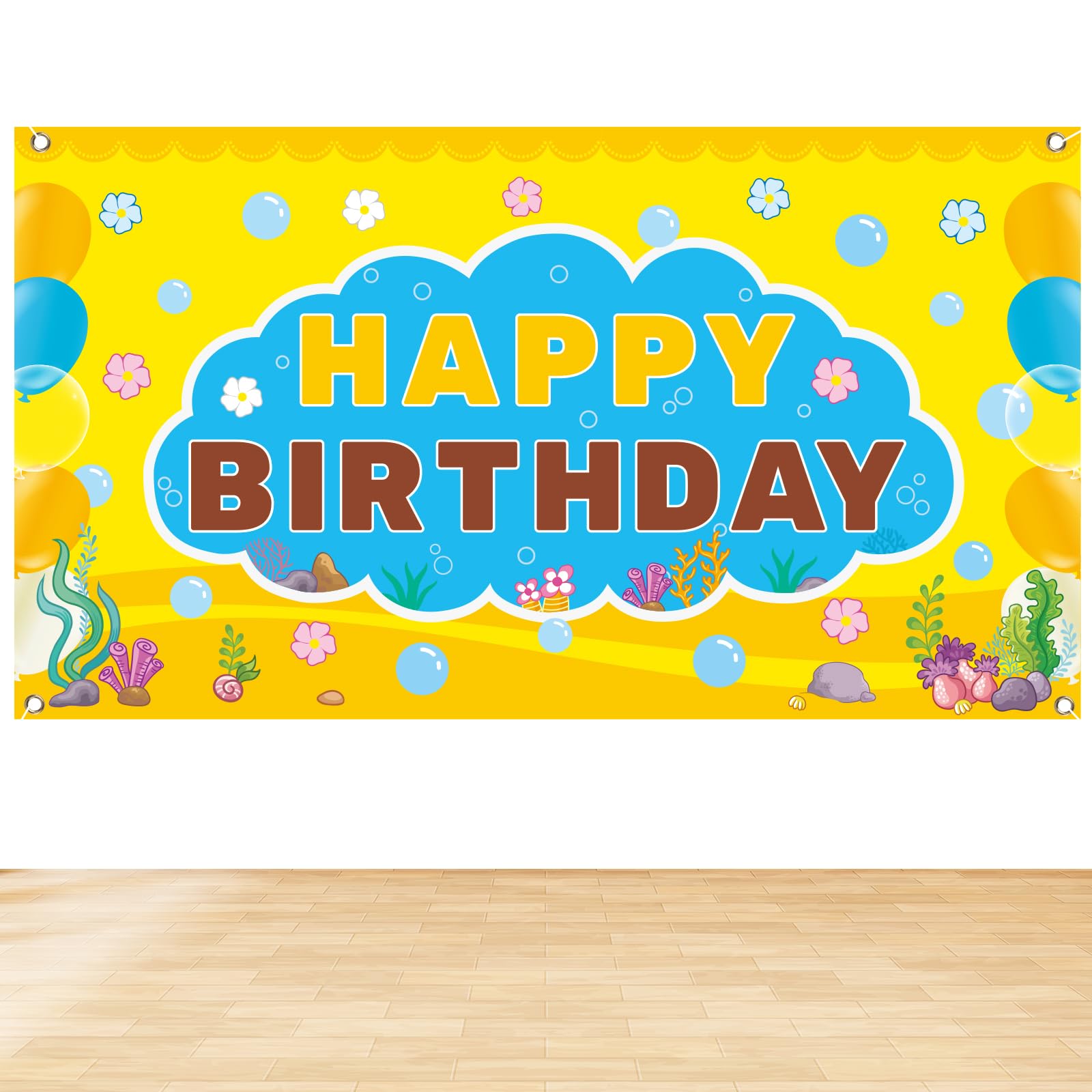 SAVITA Cartoon Sponge Birthday Banner, 5.91x3.28ft Cartoon Yellow Themed Happy Birthday Banner Backdrop for Photo Booth Props Party Supplies