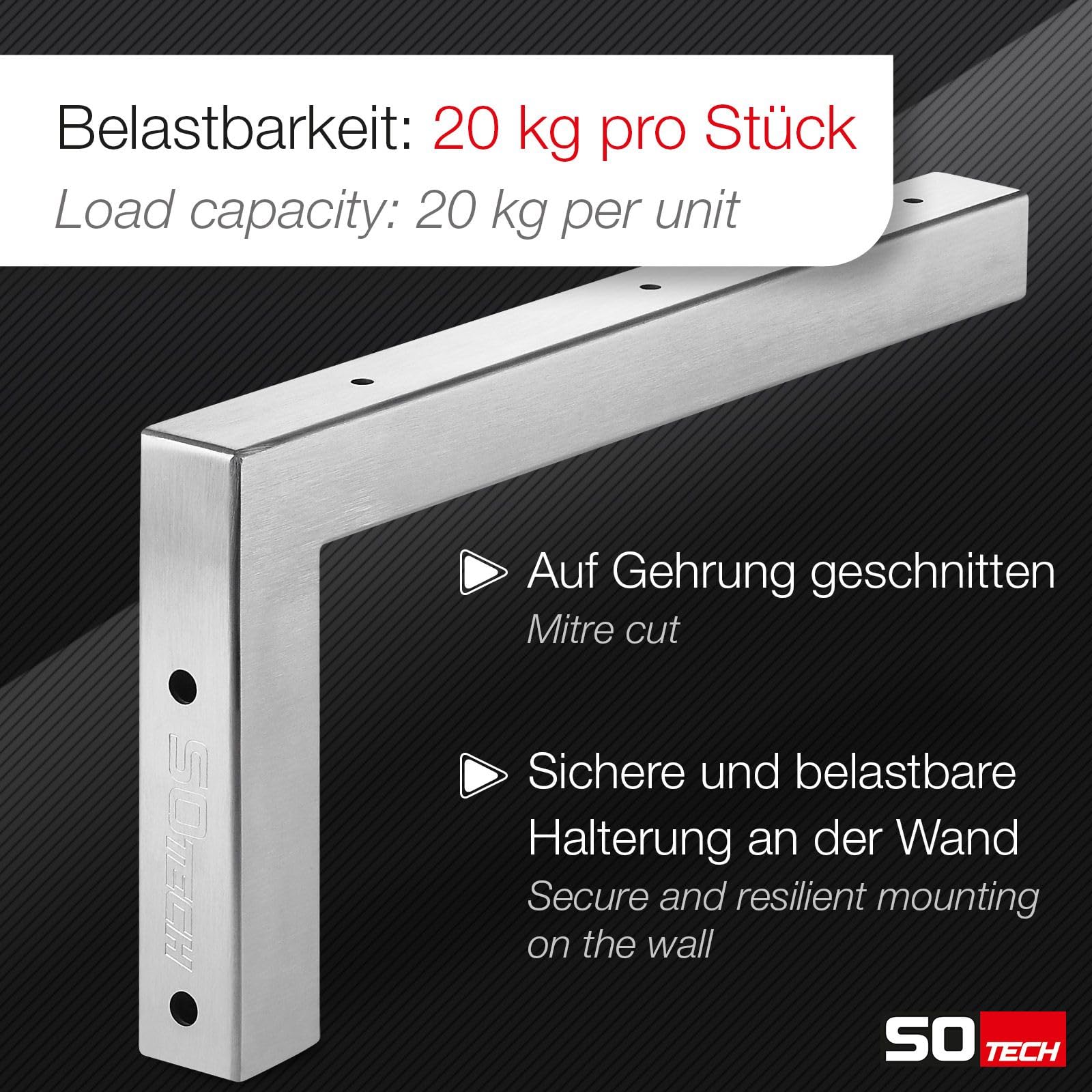 SOTECH Juego de 2 consolas de pared en forma de L (400 x 150 x 30 mm, acero inoxidable cepillado), consolas de estantería de alta calidad para montaje en pared, especialmente adecuadas para proyectos