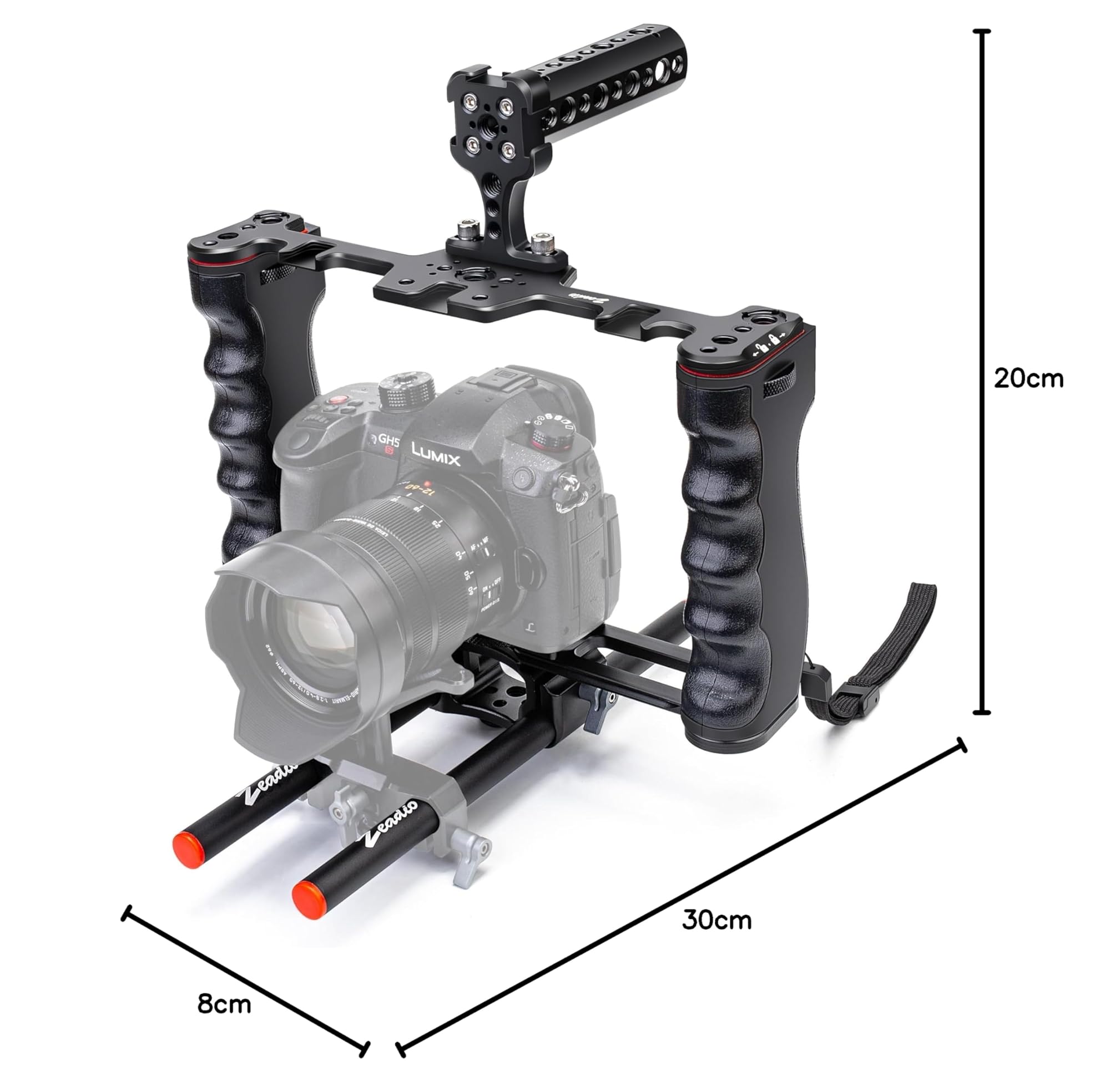Zeadio Cage de rig vidéo pour Appareil Photo, kit de réalisation de Films avec poignée supérieure et Base de Type Arca & Guide de Tige, Compatible avec Tous Les caméscopes Reflex numériques