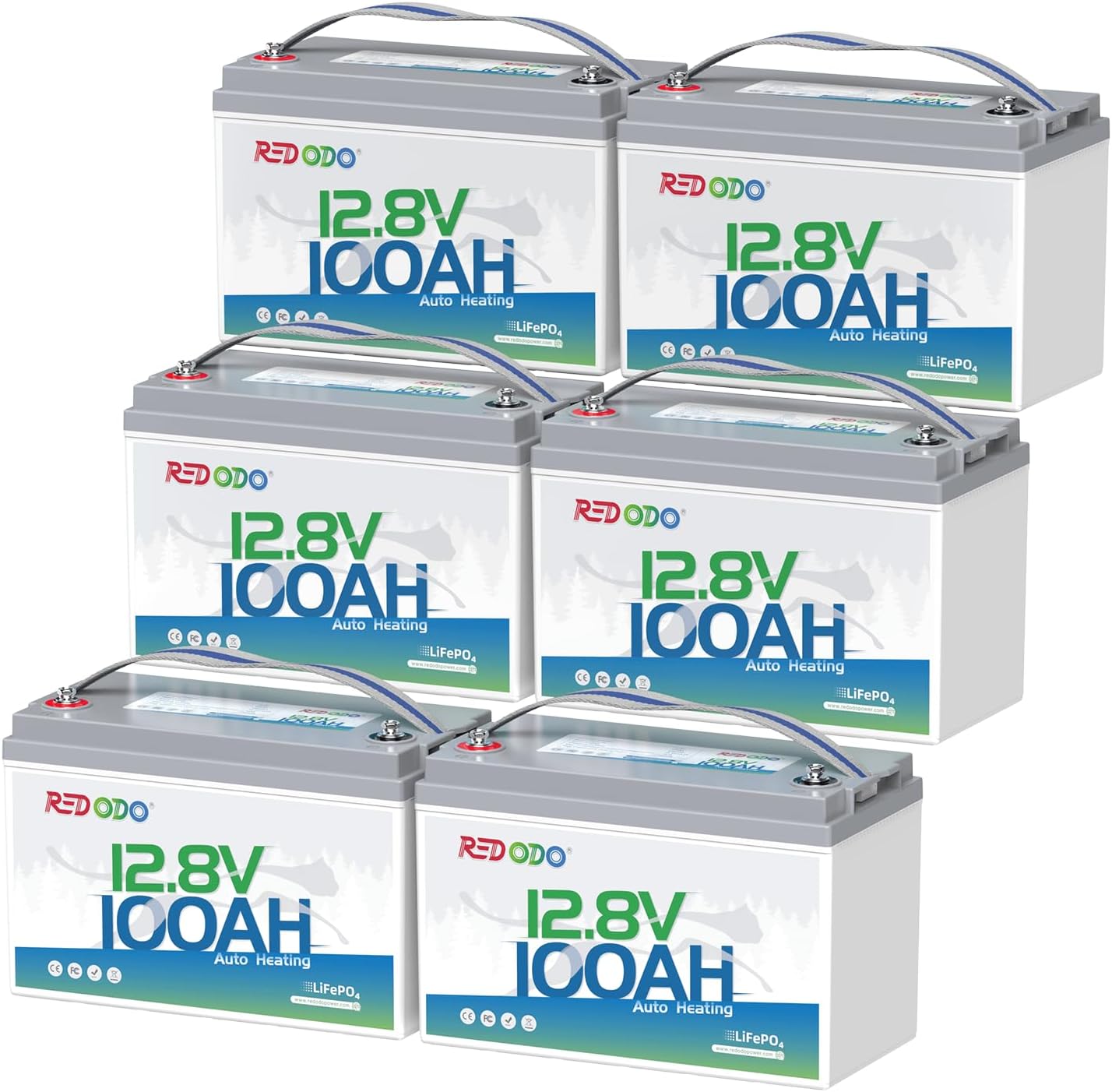 Redodo 12V 100Ah Self-Heating LiFePO4 Lithium Battery with 100A BMS Low-Temp Protection, Supports Charging(-4℉), Max. 1280Wh Energy & 4000+ Deep Cycles for RV, Solar, Off-Grid in Cold Areas 6 Packs