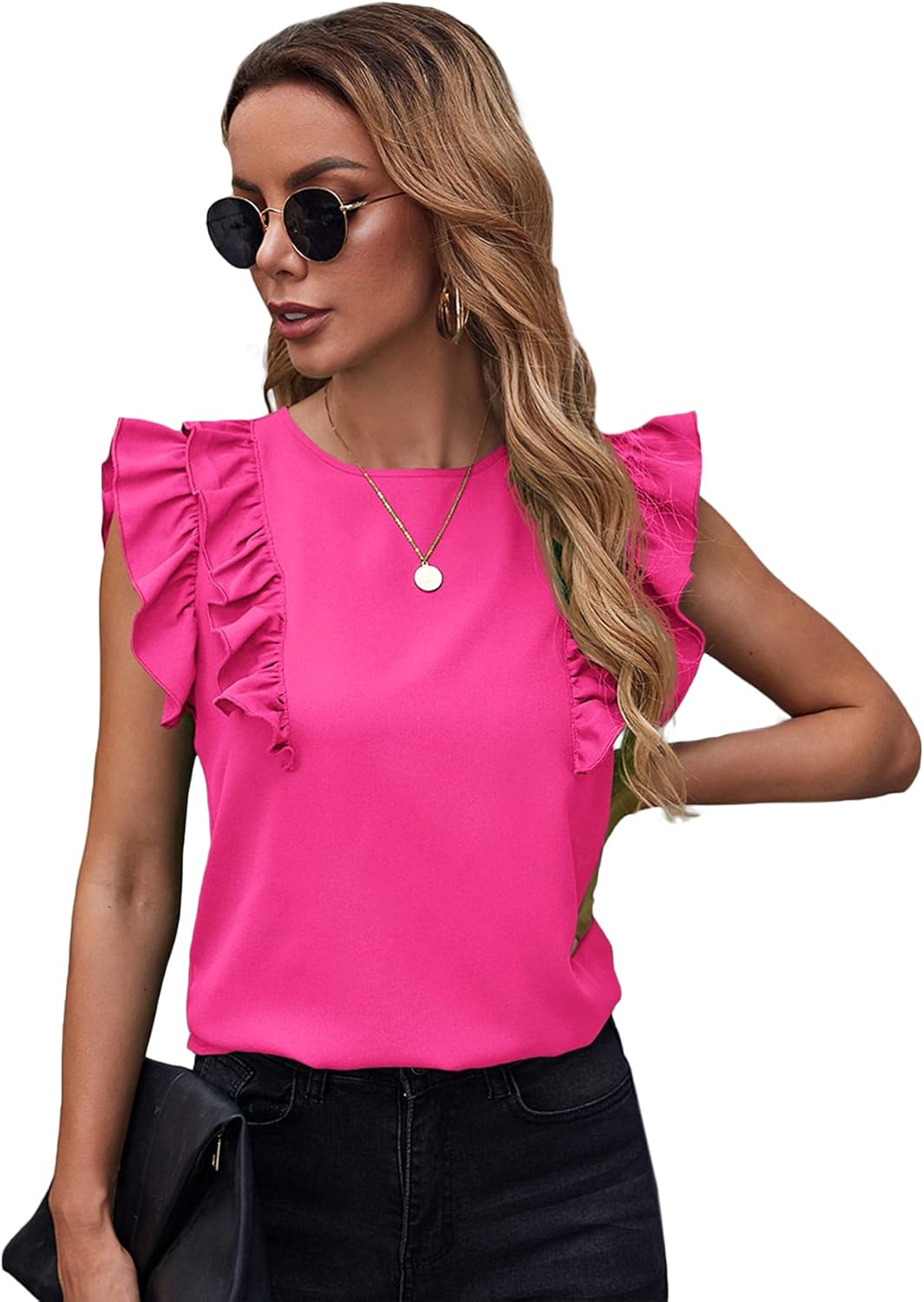 Milumia Women Elegant Ruffle Trim Butterfly Sleeve Blouse Round Neck Work Shirt Top