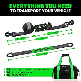 Rhino USA Car Tie Down Straps for Trailers with J Hooks (4-Pack) – 2" x8' (10,000lb Break Strength) – Heavy Duty Car Hauler Tire Straps with Axle Straps for UTV, Powersports & More – Black
