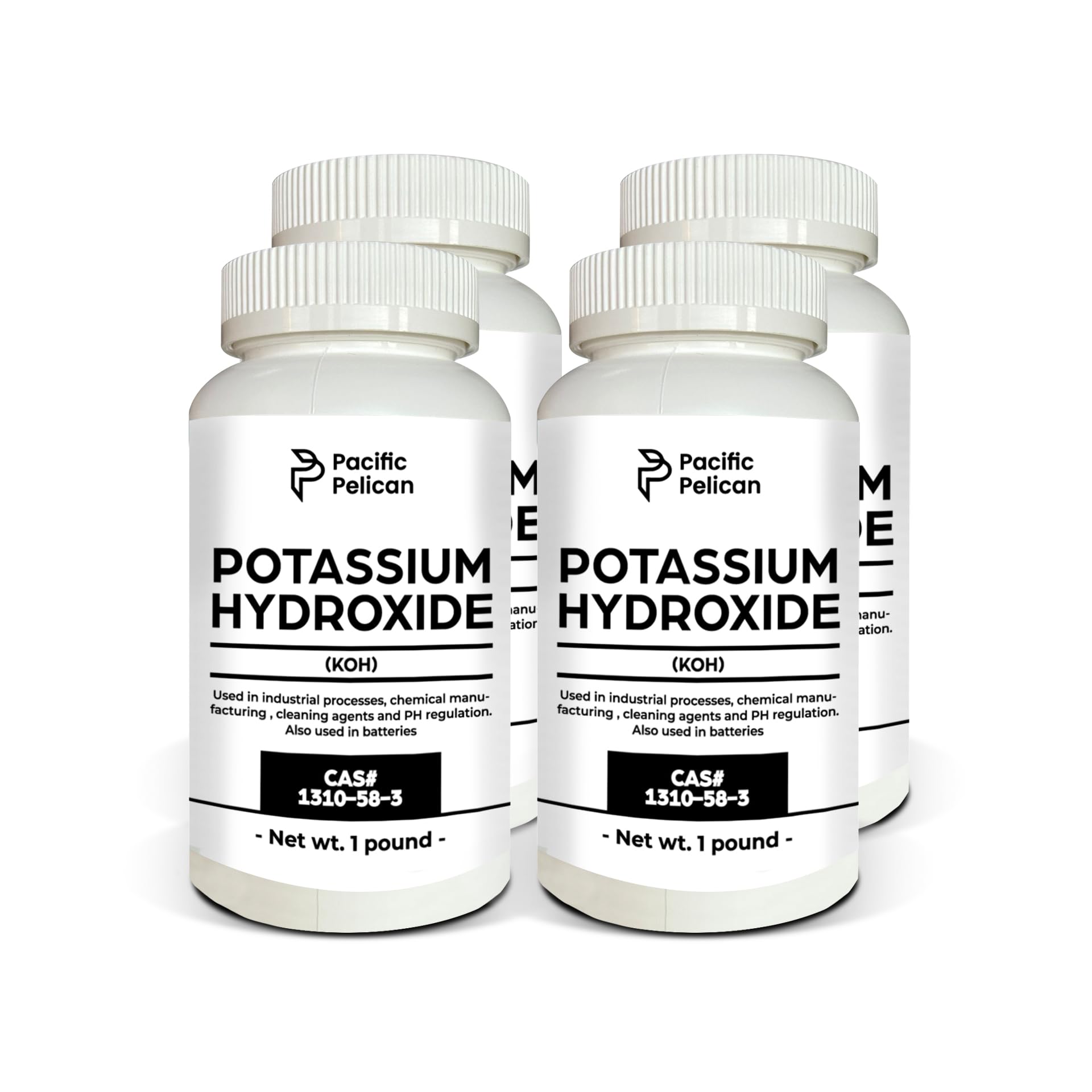 Pacific Pelican Potassium Hydroxide (KOH) - Multi-Use: Drain Cleaning, Laboratory Experiments, Chemical Manufacturing, Water Treatment | Pack of 4