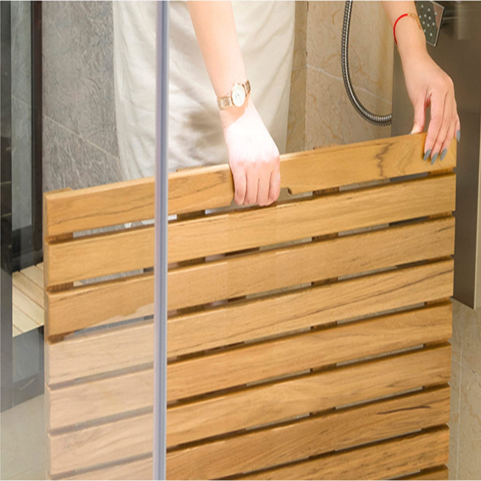 GLP Holz-Badematte für Badezimmer, Dusche, Spa, rutschfeste Holz-Duschmatte, schützend, wasserabweisende Beschichtung, Latten-Design (Größe: 60 x 100 cm)