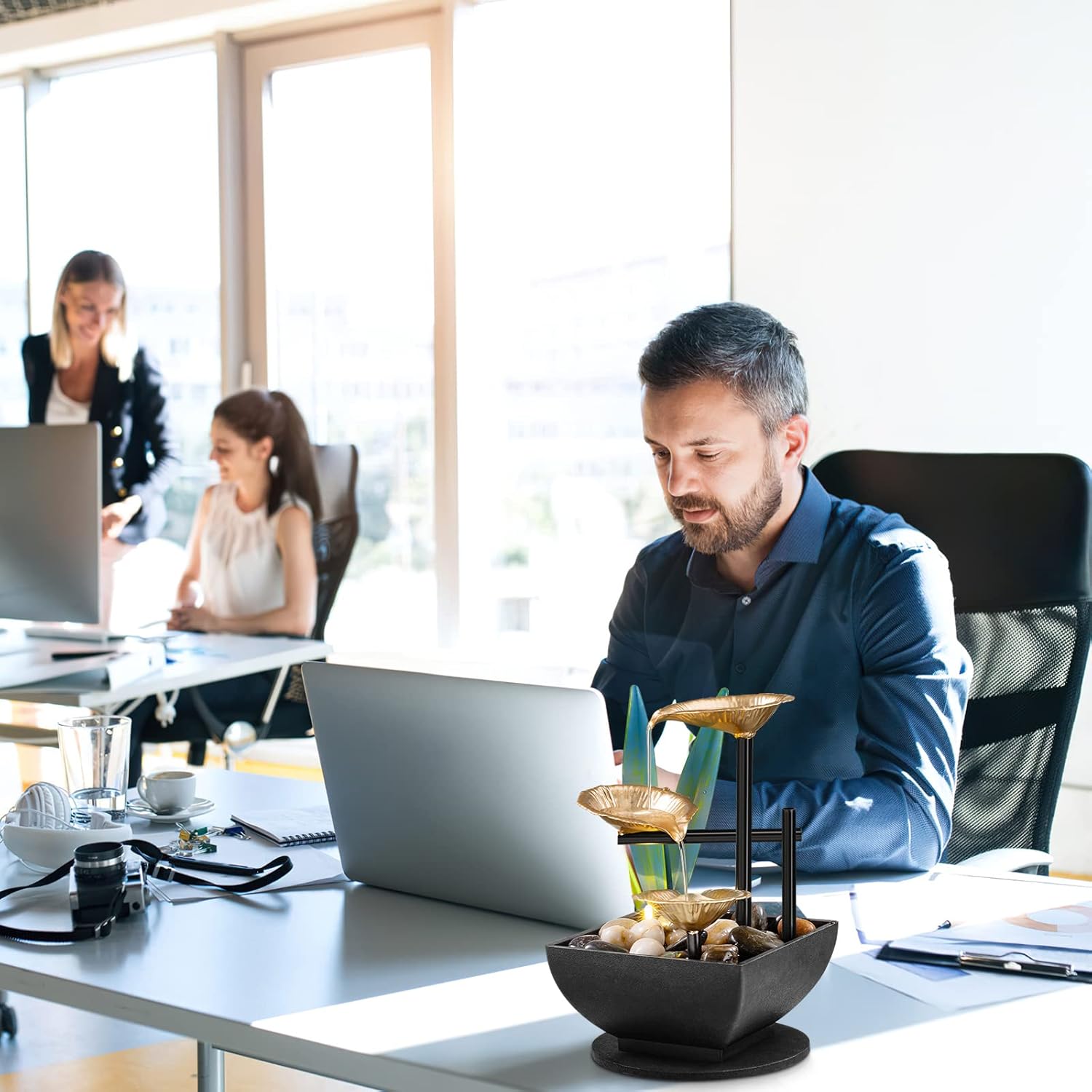 Tabletop Fountain Desktop Fountain 3-Tier Indoor Golden Lotus Leaf Relaxation Fountains Tabletop Waterfall, Office Home Decor Including Lots of Natural River Rocks and Warm Yellow Scene Light : Home & Kitchen