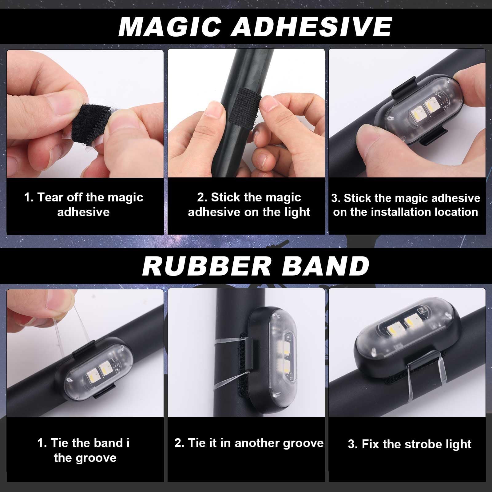 Lot de 4 Lumières Stroboscopiques Télécommandées, 8 Couleurs Feux d'Avertissement d'Urgence Rechargeables Kit de Lumières LED Sans Fil Étanches Anti-Collision pour Drone, Voiture, Moto, Vélo