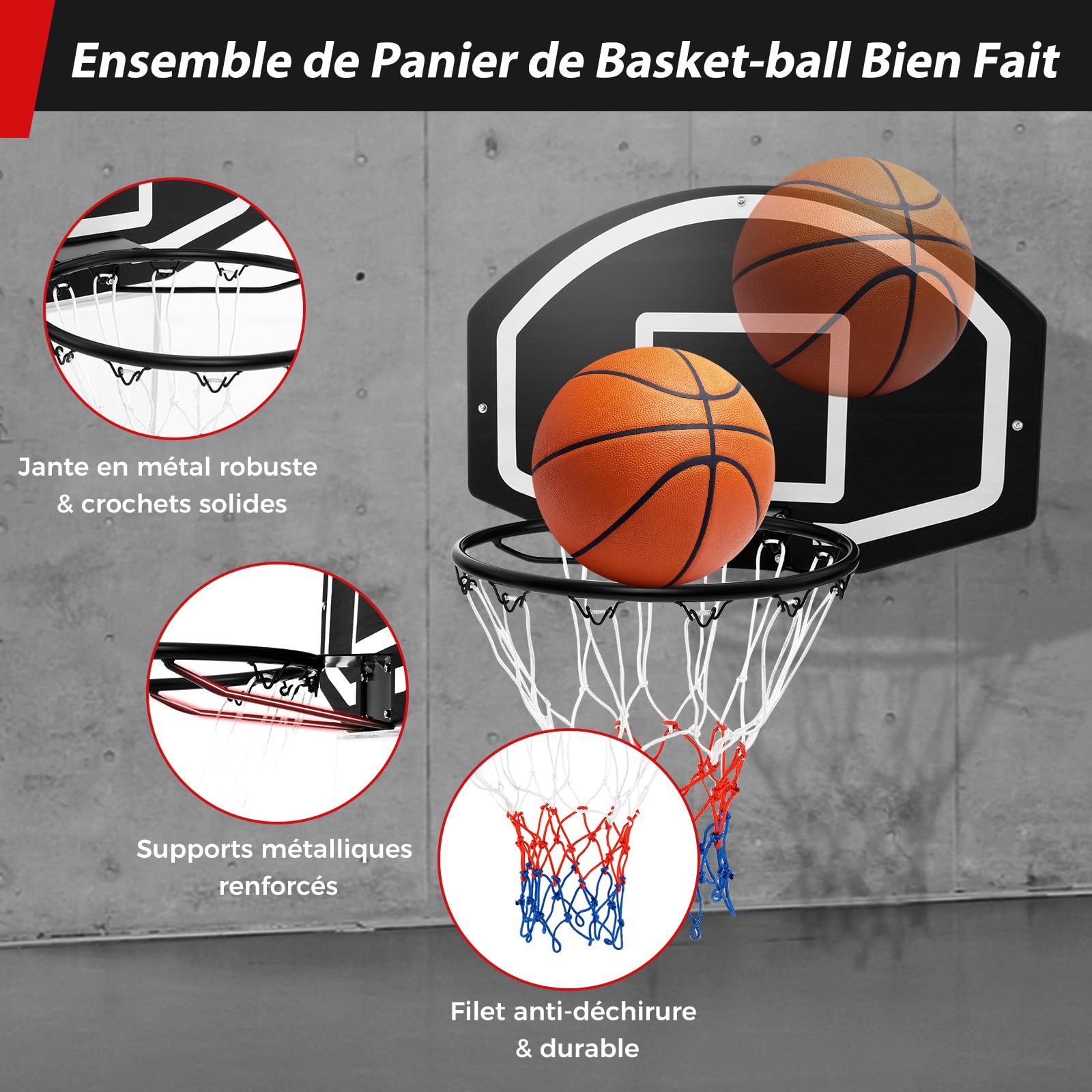 COSTWAY Panier de Basket Mural 43 cm avec Panneau Incassable, Panier Basket-Ball avec Filet Toutes Saisons Accessoires Complets, pour Enfants Adolescents Adultes, 72 x 45,5 cm, Noir+Blanc