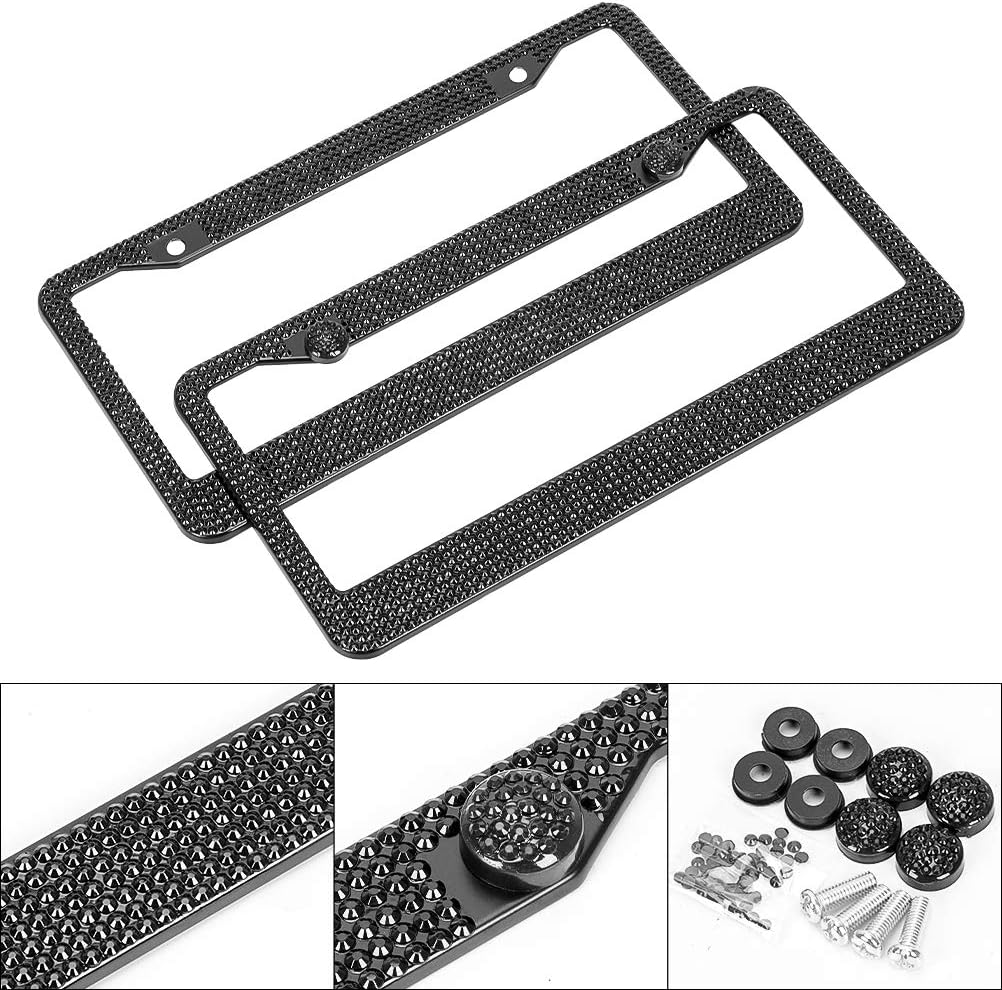 WeTest 2 Pack Premium Diamond Car License Plate Frame Set– Bling Bedazzled Stainless Steel Car Plate Frames,with 2 Holes Screws Caps Set (Black)