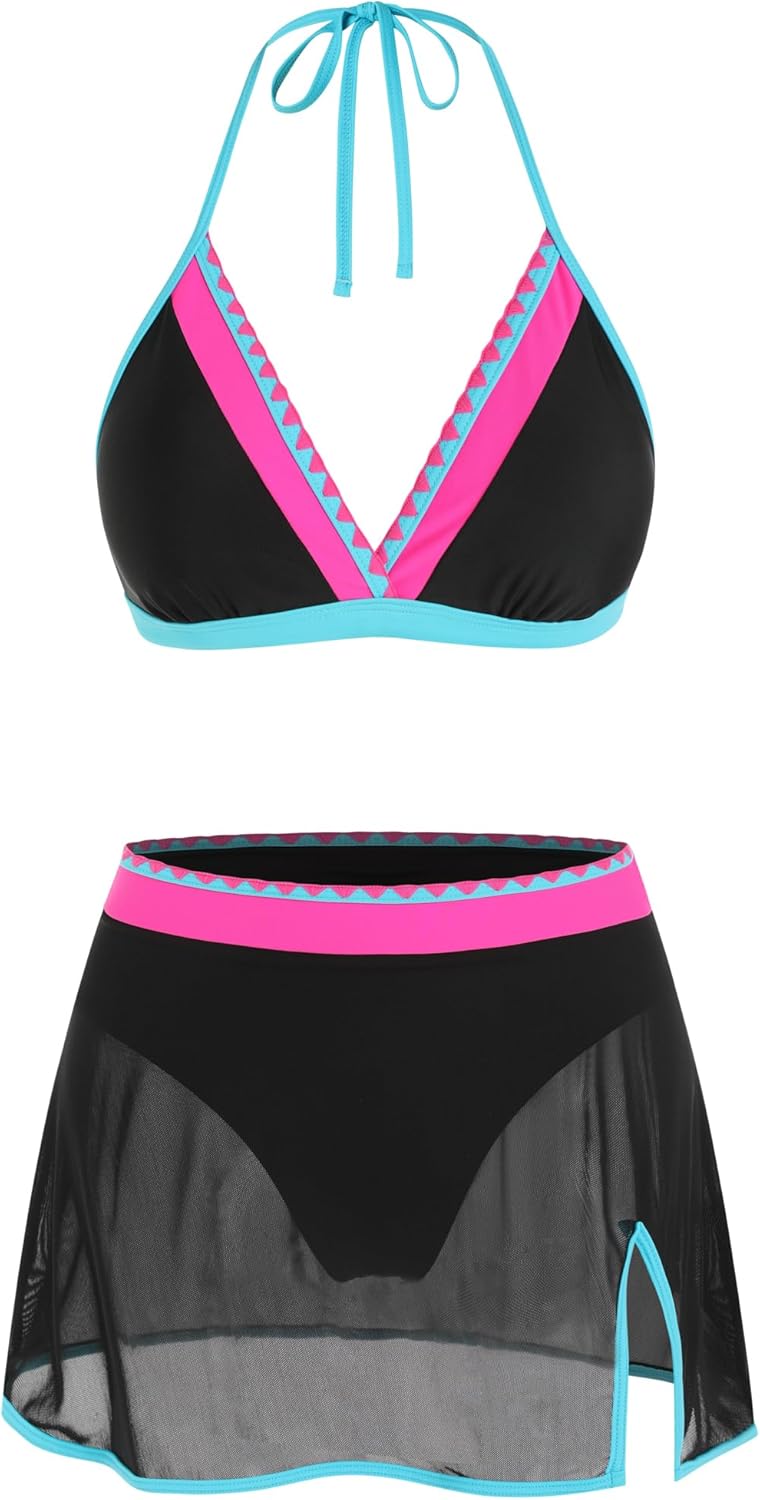 ZAFUL Womens High Waisted Skirt Bikini Sets, Mesh Swim Skirts Halter Two Piece Bathing Suits Color Block Swimsuits 2026