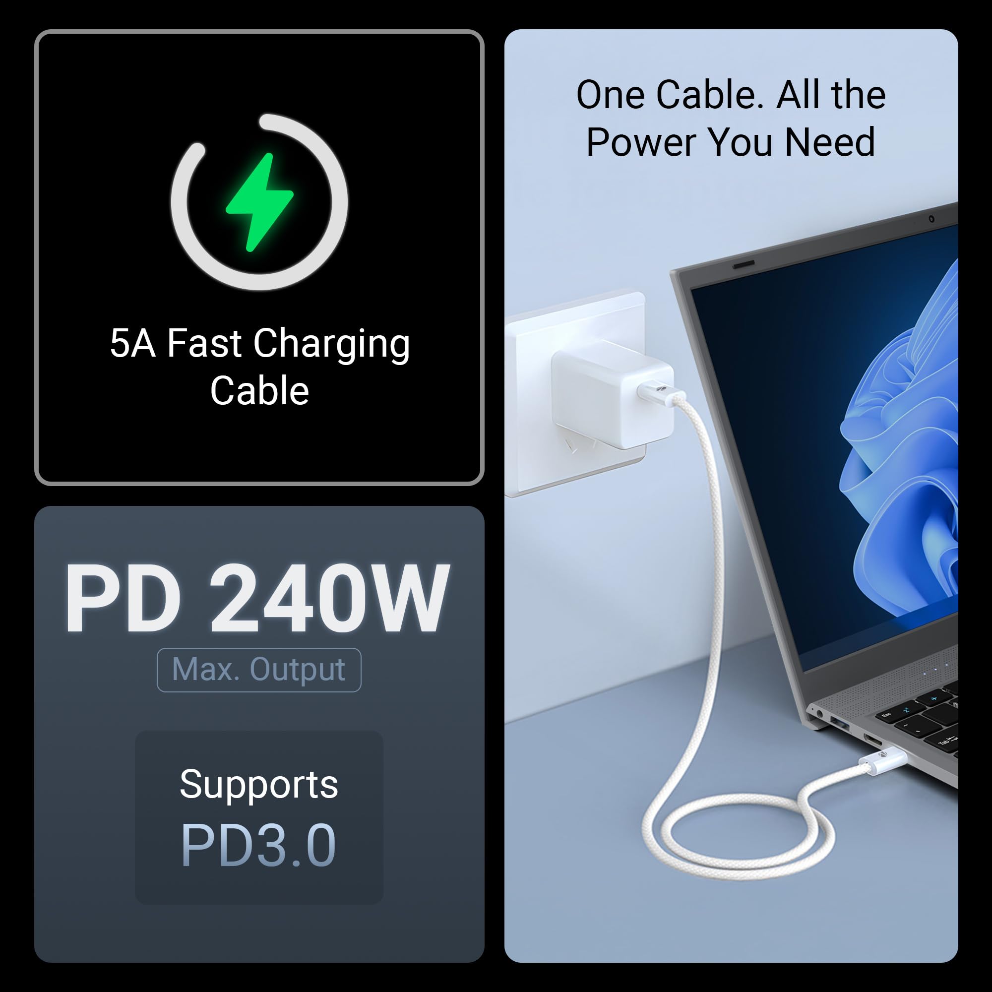 Zebronics Wattz 240CC1 Type-C to Type-C Braided Cable, PD 240W, 2 Meter, Durable, Charge & Sync, Rapid Charging, For Laptops, Tablets, Mobiles (White) — Amazon image 3