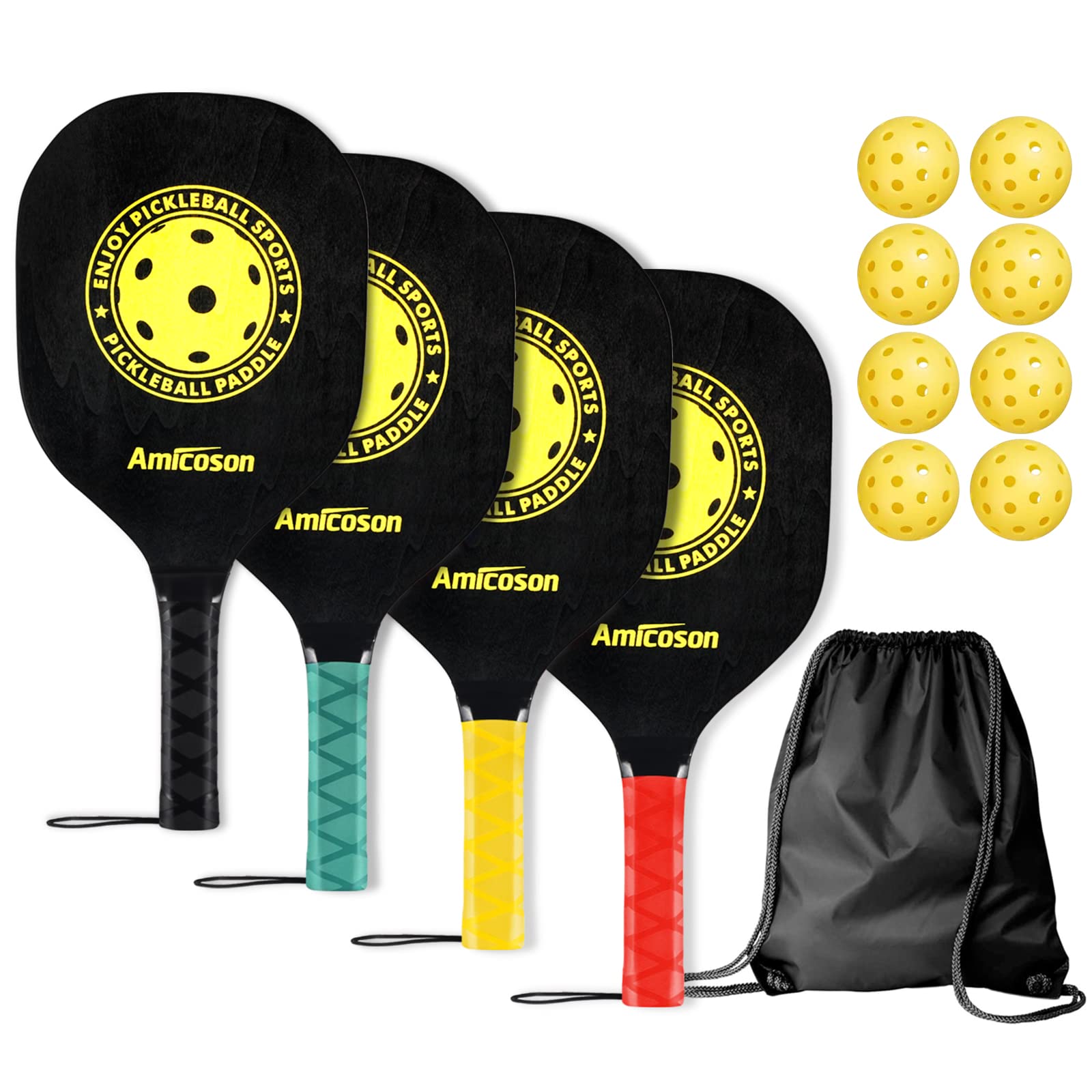Pickleball Paddles - Pickleball Set of 4 Paddles, Outdoor Pickleball Balls, Pickleball Paddle Set of 4 Wood Pickleball Racket Ergonomic Cushion Grip, 8 Pickleball Balls &1 Carry Bag Mix-color