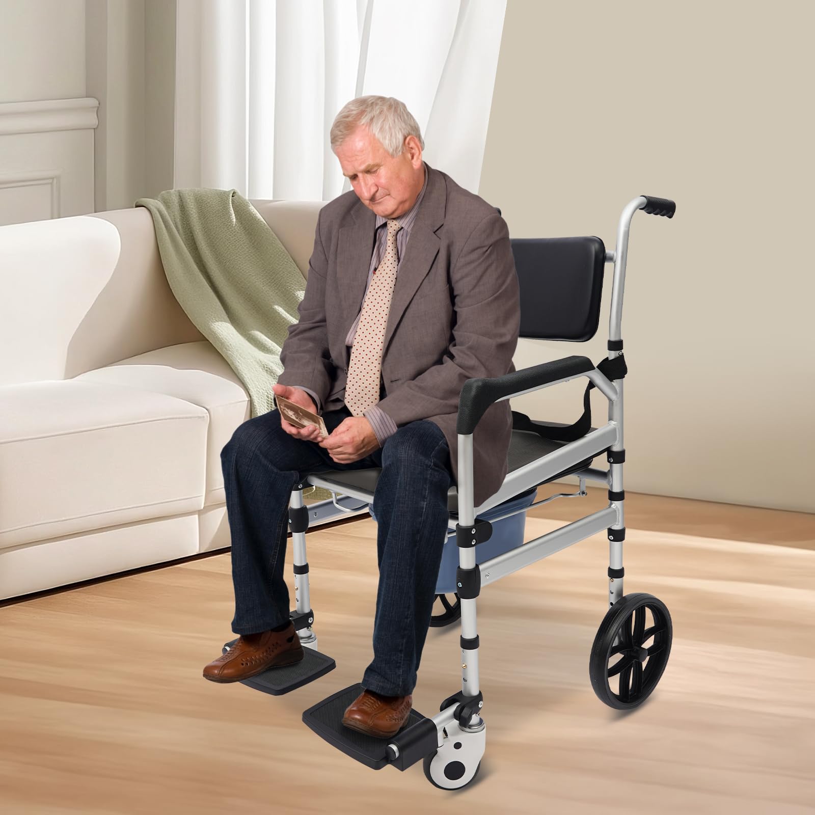 Silla de baño plegable de hasta 150 kg de aluminio, altura de asiento de 46 – 51 cm, silla de ruedas con inodoro y ruedas con frenos, silla de ruedas para personas mayores y movilidad reducida (placa