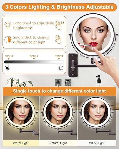 Miniatura 3 de DECLUTTR Espejo de maquillaje iluminado montado en la pared de 9 pulgadas, espejo de aumento de doble cara 1x10x, espejo de maquillaje iluminado de