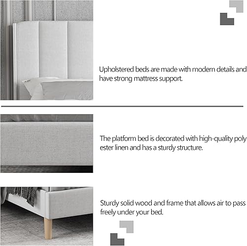 Miniatura 5 de Zoophyter Base de cama tapizada de tamaño individual con cabecero, listones de madera fuertes, no necesita somier, fácil montaje, lino blanco