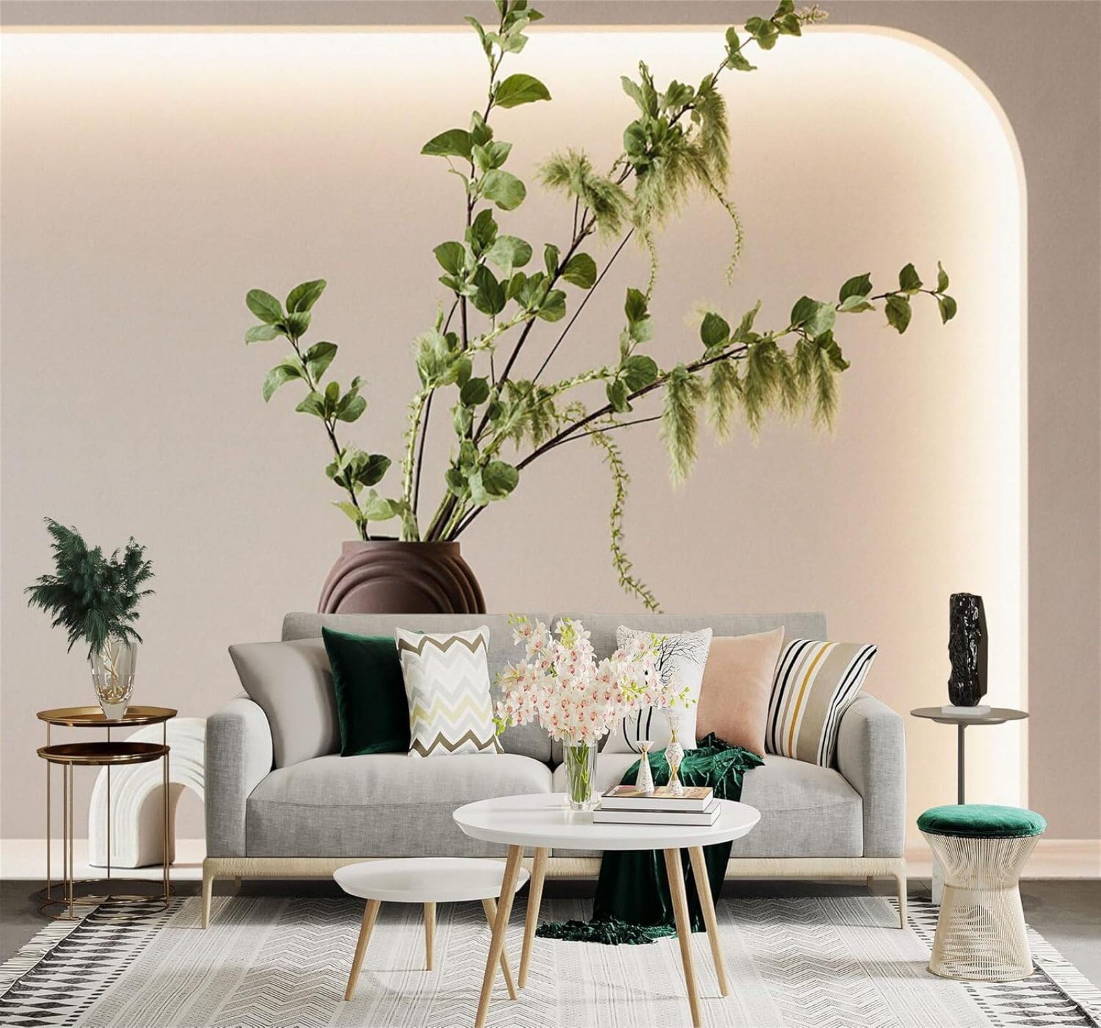 Xlming 150Cm×105Cm(B×H) Minimalist Three Dimensional Brown Vase Green Branches Soft Pastel Colours 3D Wallpaper Silky Texture Home Study Office Grey Dining Room Sofa Bedroom Living Room Tv Backdrop-150Cm×105Cm