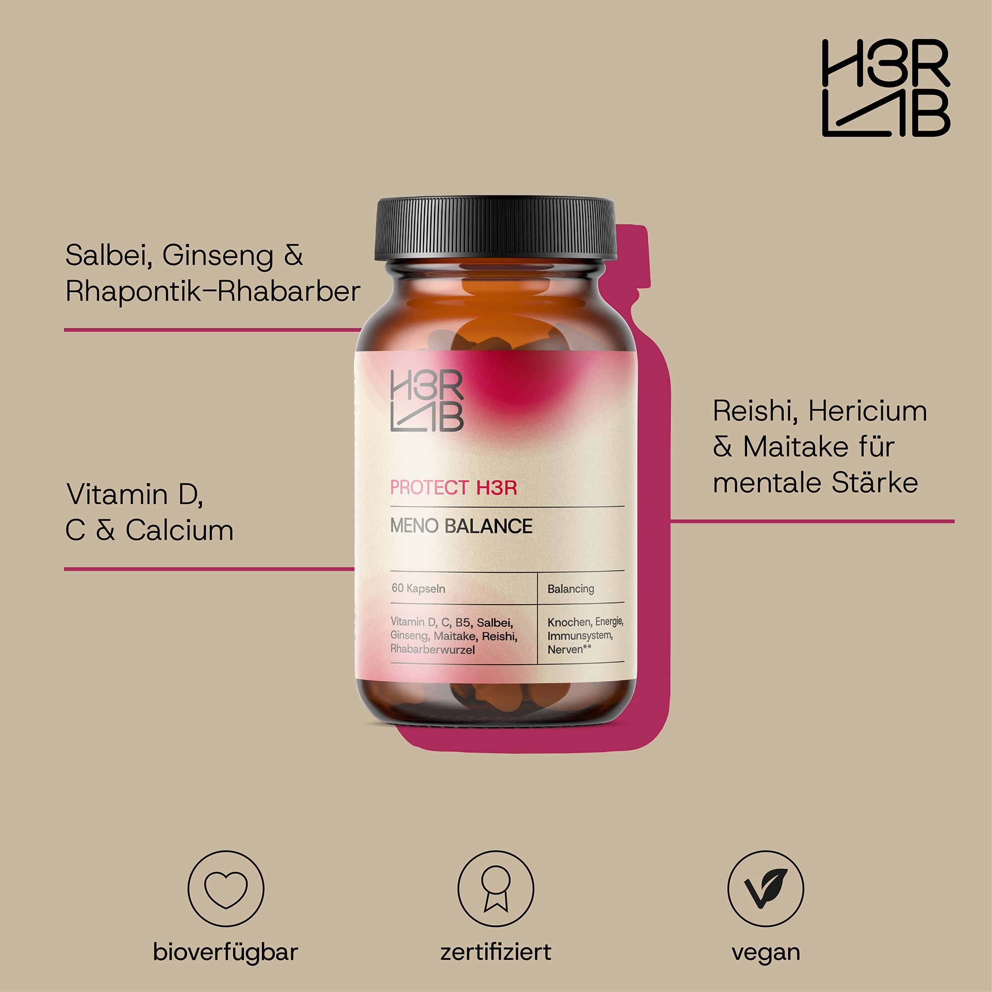 Meno Balance – Nahrungsergänzungsmittel mit Salbei, Rhapontik-Rhabarber, Ginseng & Vitalpilzen | Mit Vitamin D3, C & B5 für Knochen, Energie & Immunsystem (60 Kapseln)