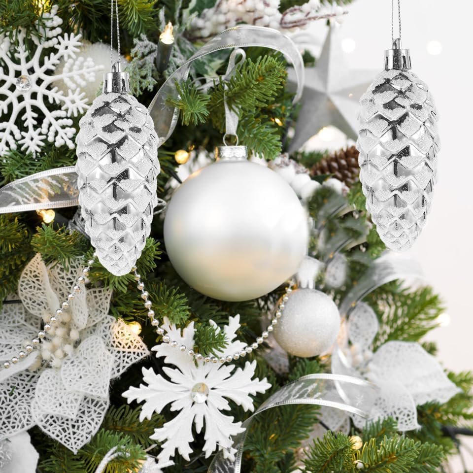 Housoutil Christmas Pine Cones Pendant, 10pcs Silver Pinecone Hanging Decors, Xmas Tree Pendants for DIY Crafts Home Seasonal Holiday Wedding Party - Image 5