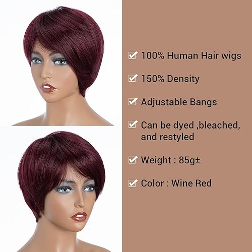 Miniatura 4 de QVR - Peluca de cabello humano con corte Pixie con flequillo, pelucas cortas para mujeres negras, cabello humano de diferentes estilos, peluca Pixie