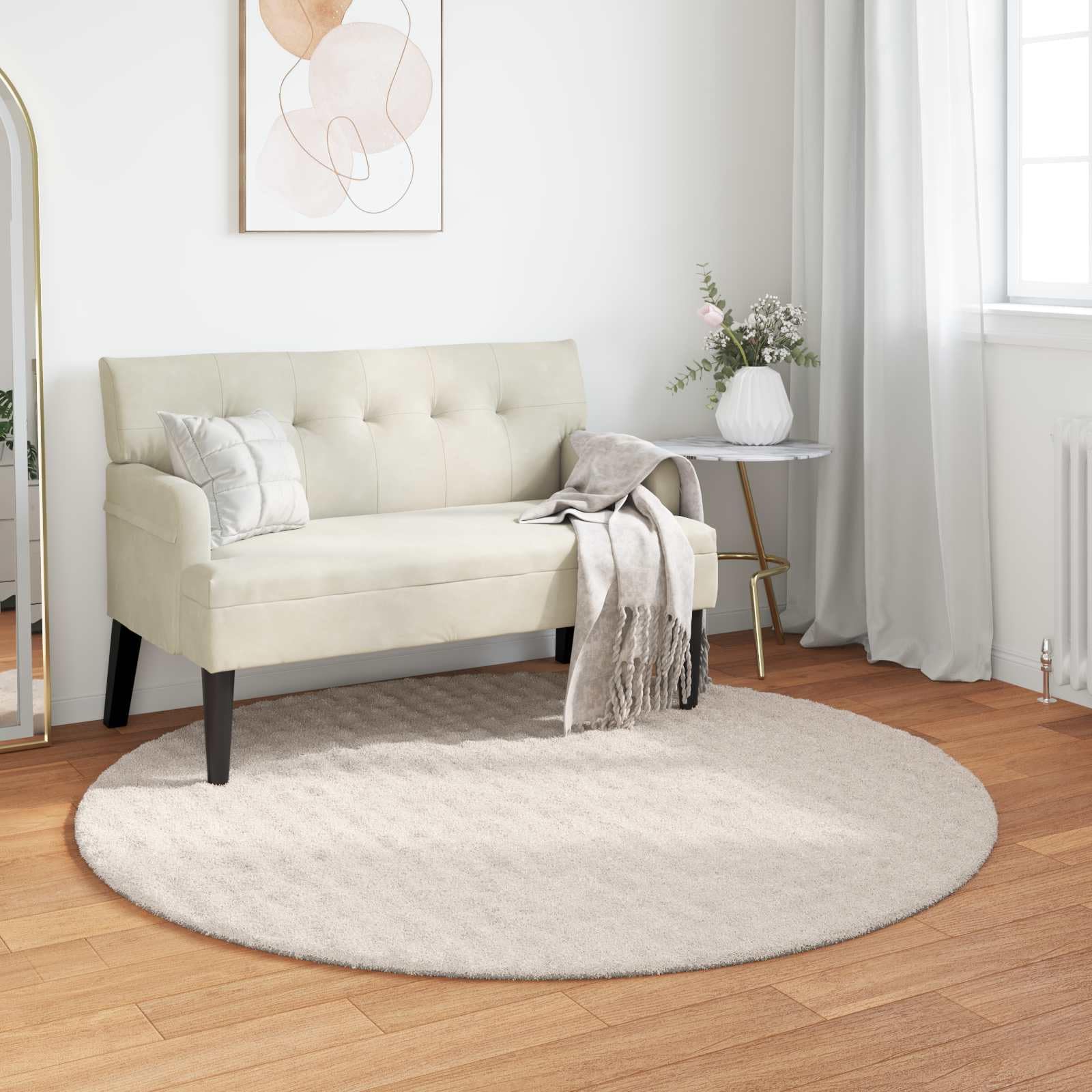 Tappeto rotondo Sirolo, per soggiorno, camera da letto, corridoio e sala da pranzo, morbido, lavabile, antiscivolo, a pelo medio, 160 cm, beige