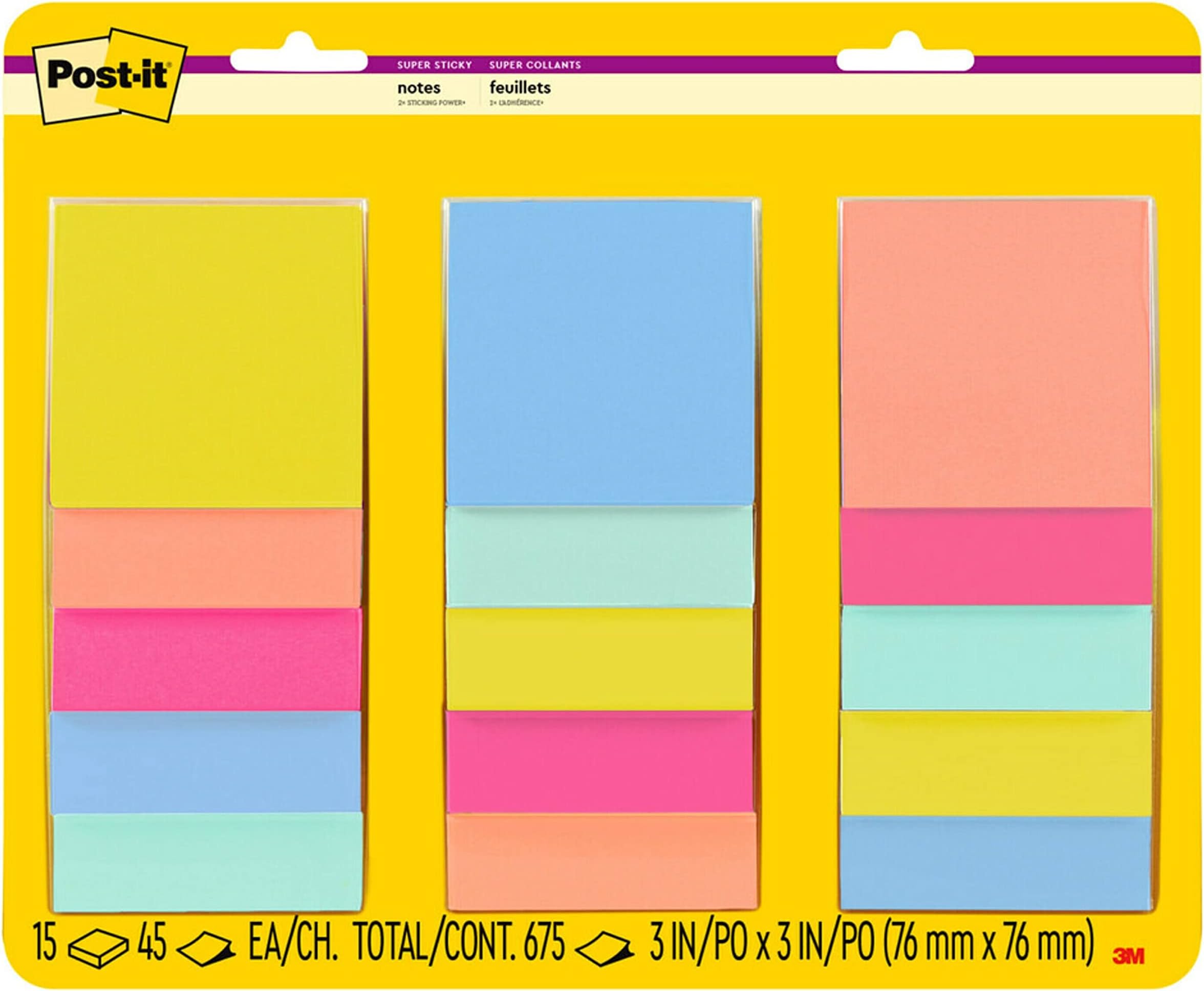 Post-it Super Sticky Notes, 3x3 in, 15 Pads, 2x the Sticking Power, Summer Joy Collection, Assorted Colors (654-15SSJOY)