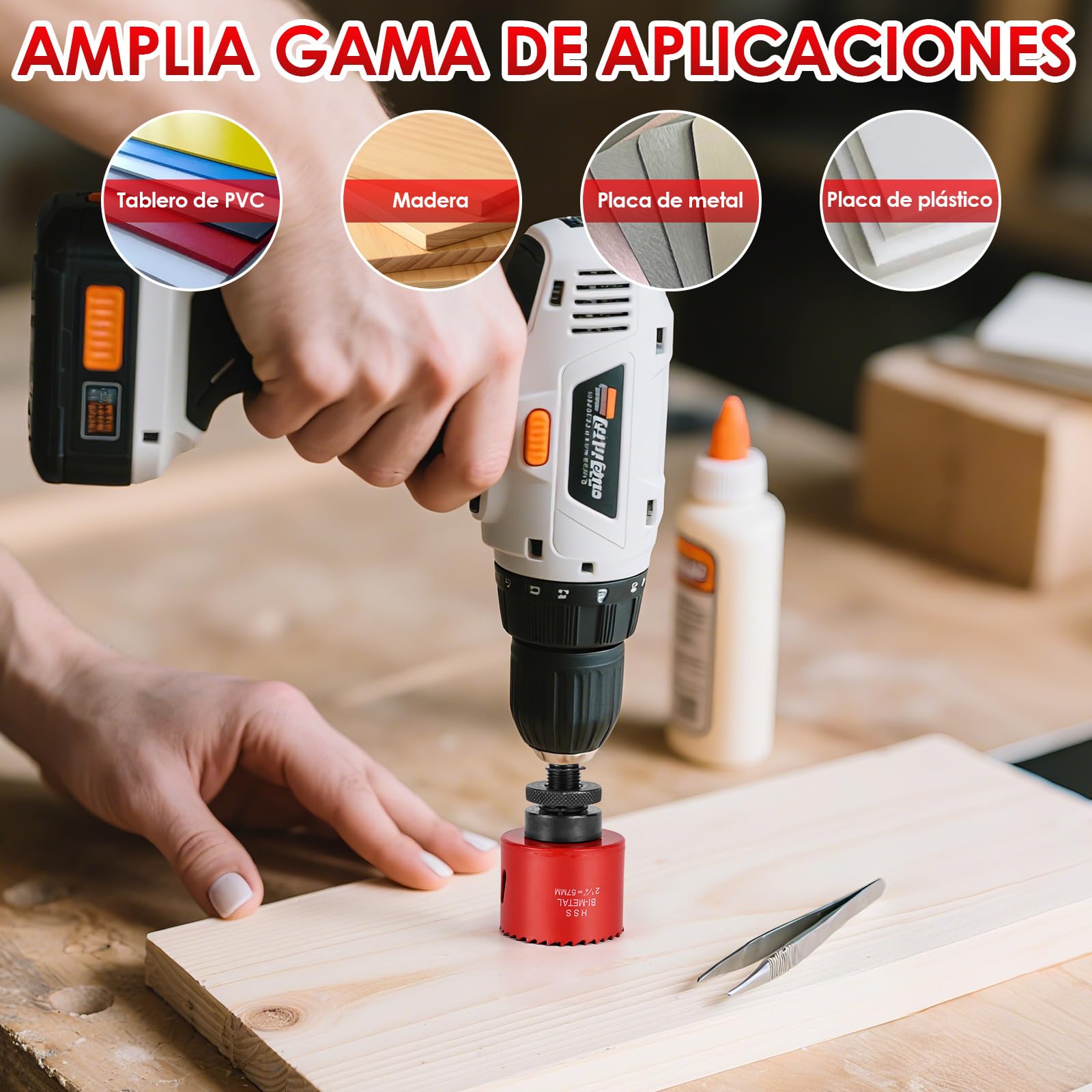 Juego de Coronas M42 Bimetal – Set de 19 piezas (19–68mm) con broca guía y soporte, profundidad de corte 40mm – Ideal para Madera, Pladur y Diamante