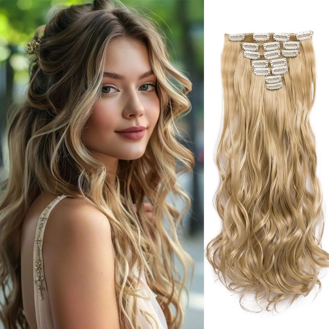 Swy Hair Clip in Hair Extensions Body Wave 22 inches 7Pcs 150g Straight Hair Synthetic Hair Extensions (W-Golden Blonde, Wavy) - Image 4