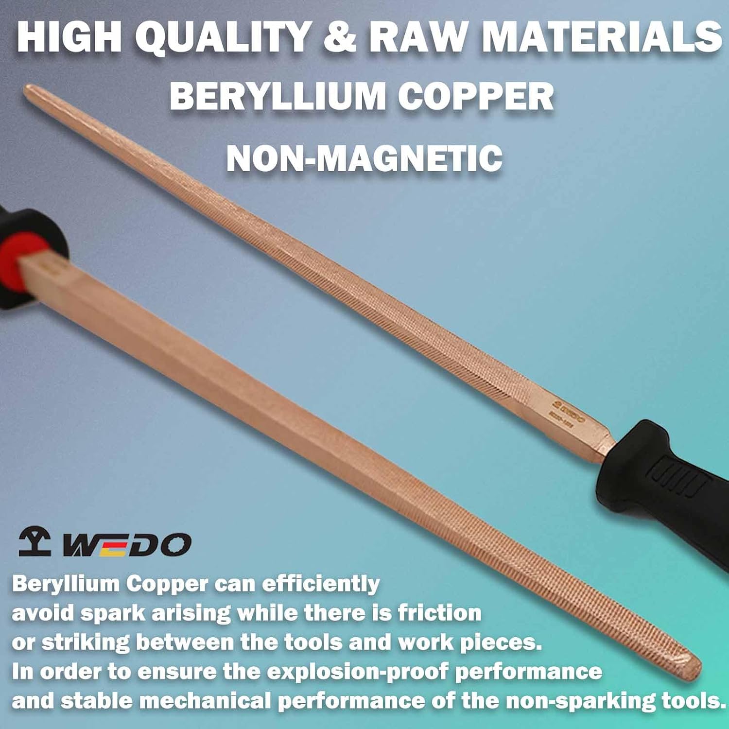 WEDO Non-Sparking Square File with Non-Slip Handle,Spark-free Safety File, Beryllium Copper, Non-Magnetic, DIN Standard, BAM & FM Certificate, 8Inch, 200mm