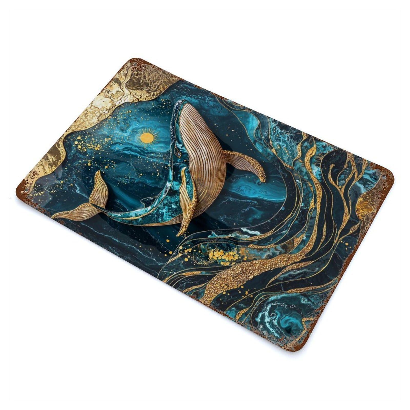 Distressed Metal Wall Sign Celestial Sea Kintsugi Art 11.8"x7.9", Decorative Metal Wall Art for Farmhouse, Kitchen And Entryway Decor