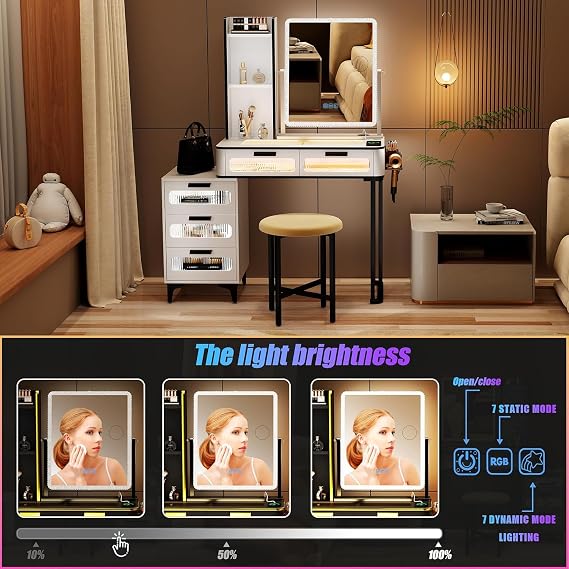 FREDEES Dressing Table with Mirror and RGB Lights, White