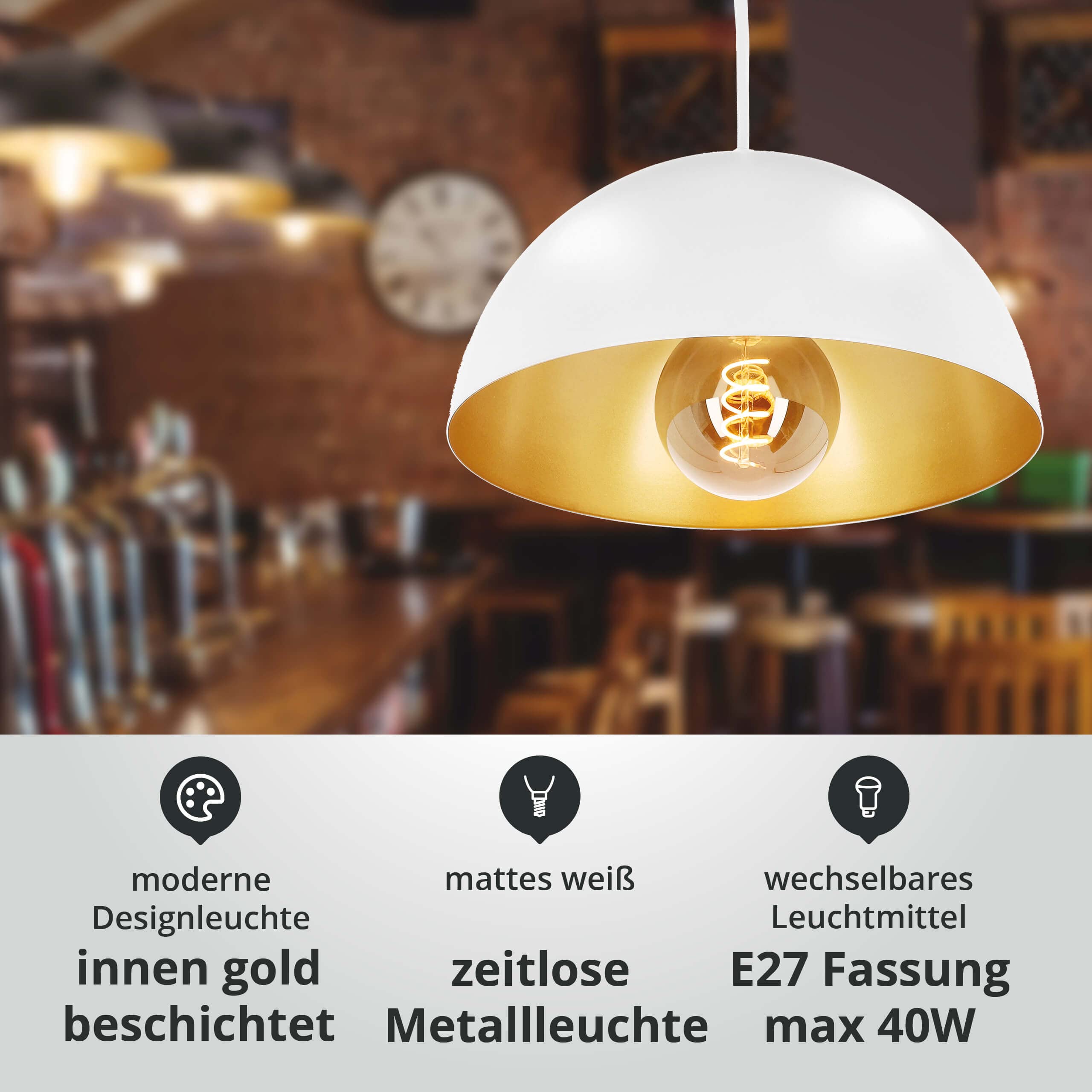 LED Universum 2er-Set Pendelleuchten Jada Weiß/Gold Ø30cm x 125cm, E27 Fassung, max. 40W, Hängelampe, Hängeleuchte, Deckenlampe, Wohnzimmerleuchte, Kinderzimmerlampe, Metall