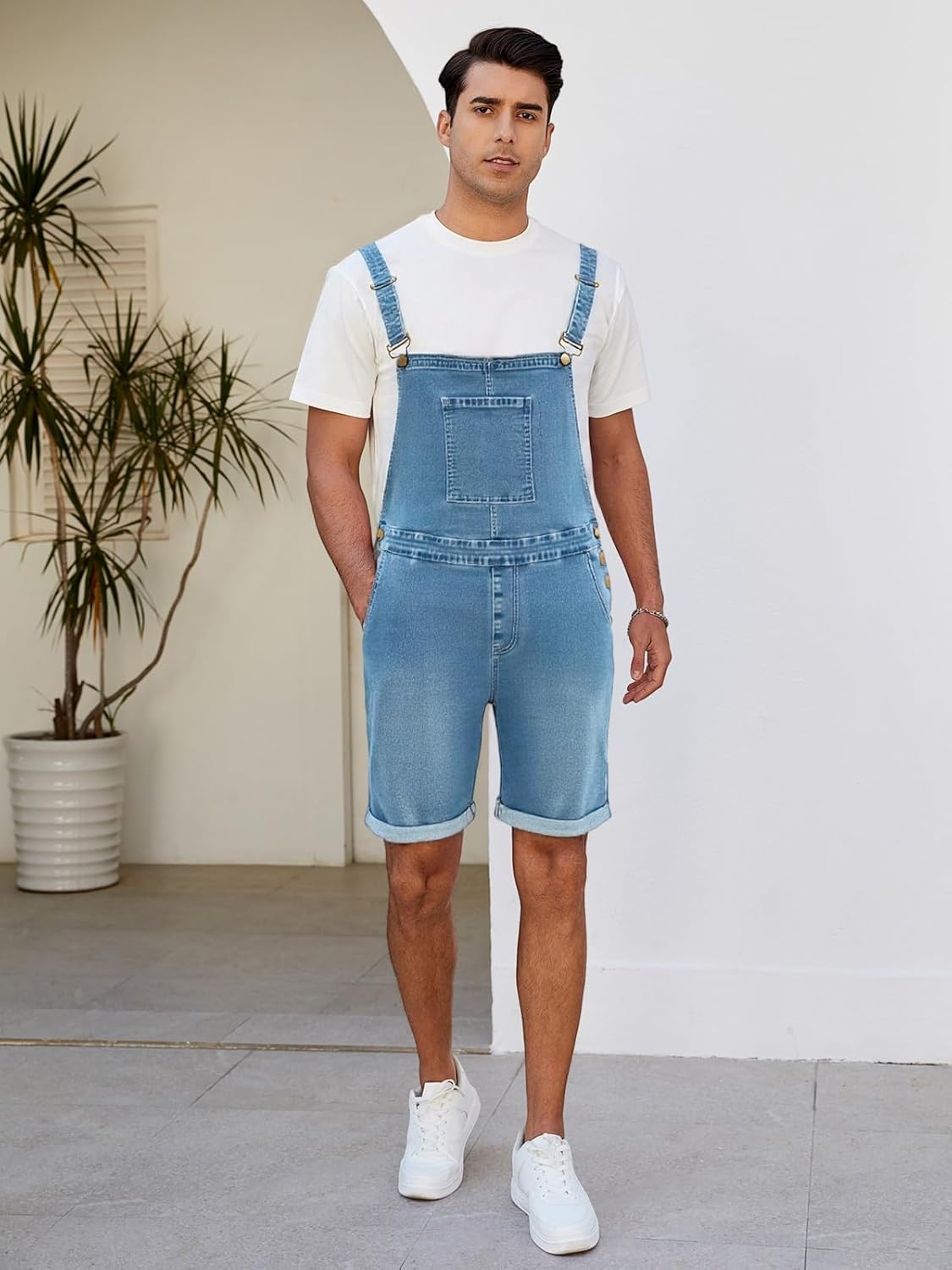LONGBIDA Men's Denim Overalls Shorts Jean Bib Women Jumpsuit Casual Walkshort Summer Romper with Pockets - Image 4