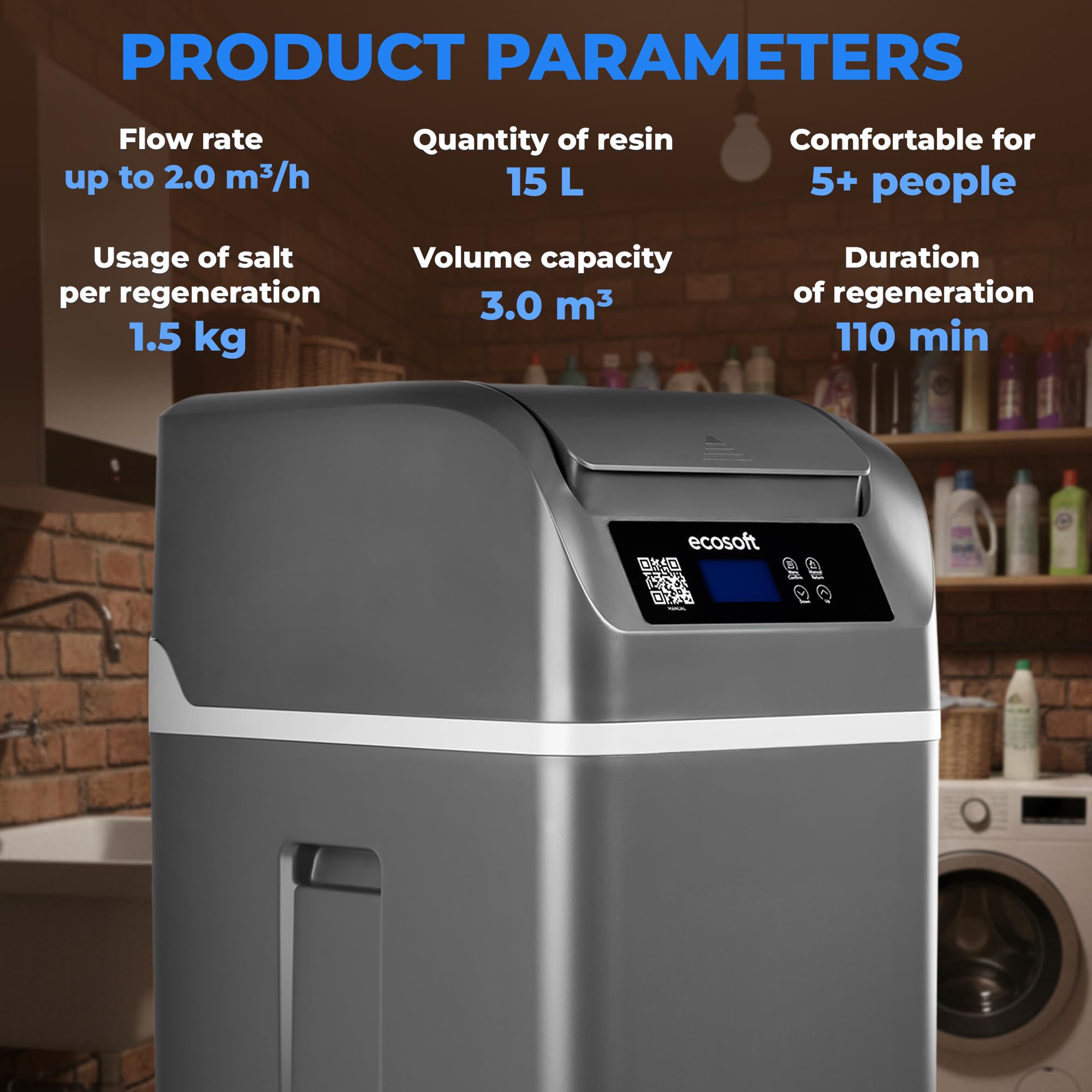 Ecosoft CUBE 150 Descalcificador Compacto para Hogares de hasta 4 Personas | Totalmente Automático, Modo Vacaciones, Aviso para Rellenar la Sal, Conexiones No Incluidas, Pastillas de Sal