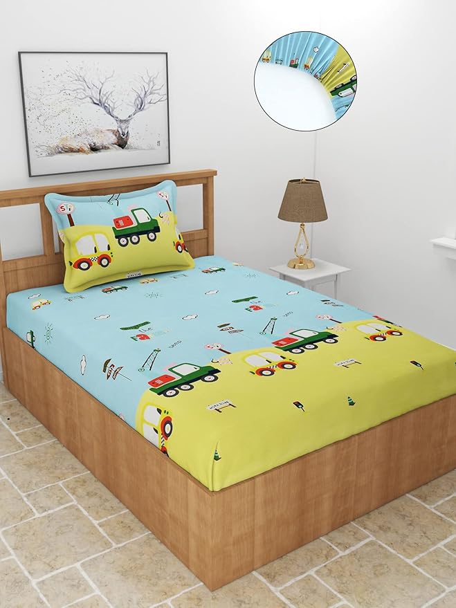 BREVARD Premium Poly Cotton 210 GSM Elastic Fitted Single Bedsheet with 1 Pillow Covers (36 - 72 - 8 Inches, Yellow Blue)