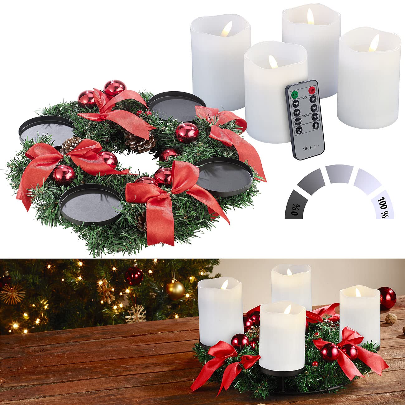 Adventskraenze: Adventskranz mit rotem Schmuck, inkl. LED-Kerzen in weiß (Adventskranz künstlich geschmückt, Adventdekorationen, Kerze)