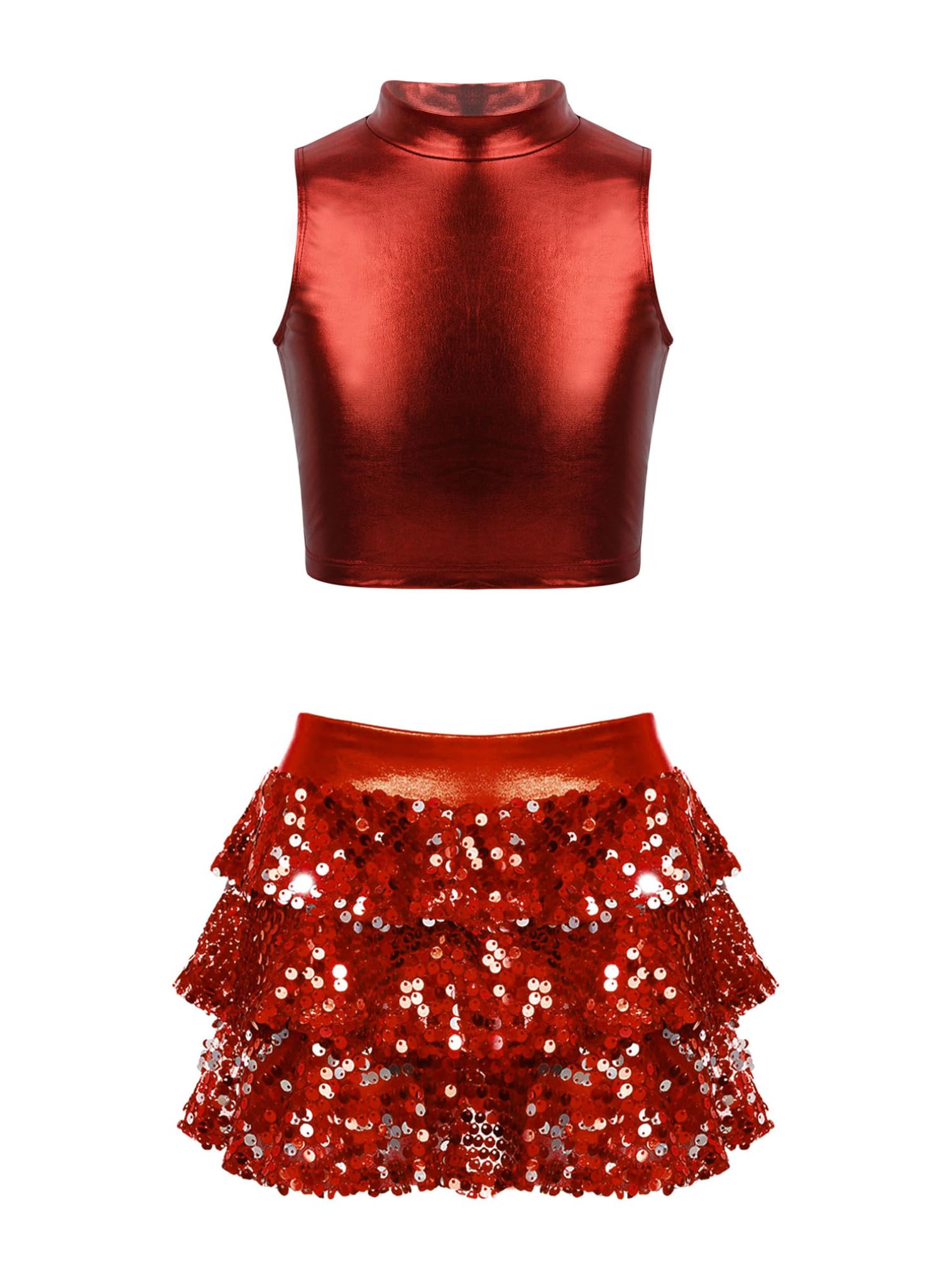 easyforever Kids Girls Jazz Hip Hop Modern Dance Costume Sleeveless Mock Neck Crop Tops with Sequins Skirted Shorts Set Red 10 Years