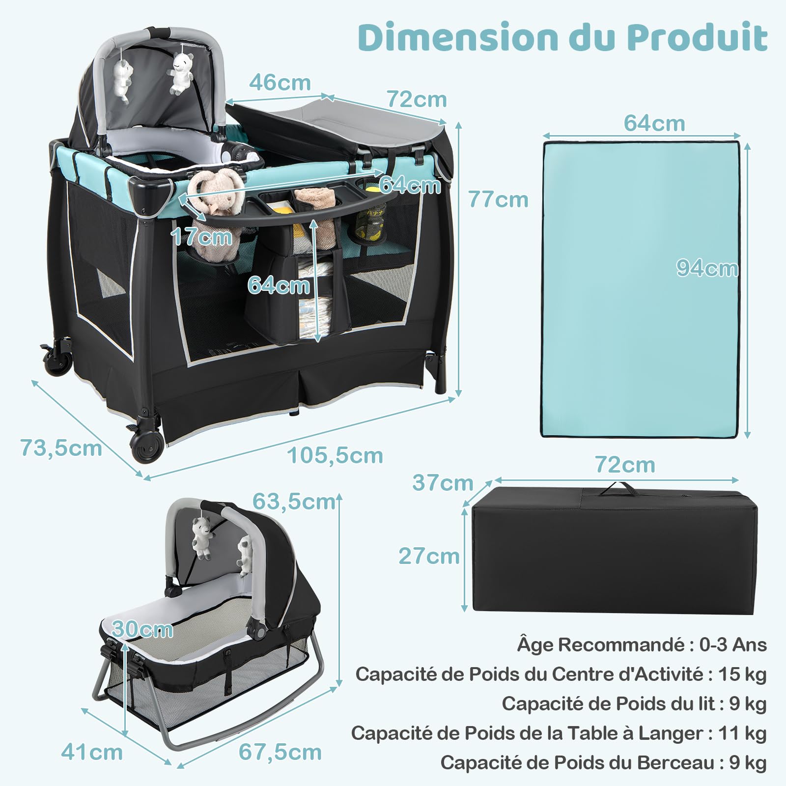 COSTWAY 6 en 1 Lit Parapluie Bébé avec Matelas & Table à Langer, Lit Bébé Evolutif avec Auvent Réglable & 2 Jouets, Musique et Sac de Transport, Berceau pour Bébé de 0-3 Ans