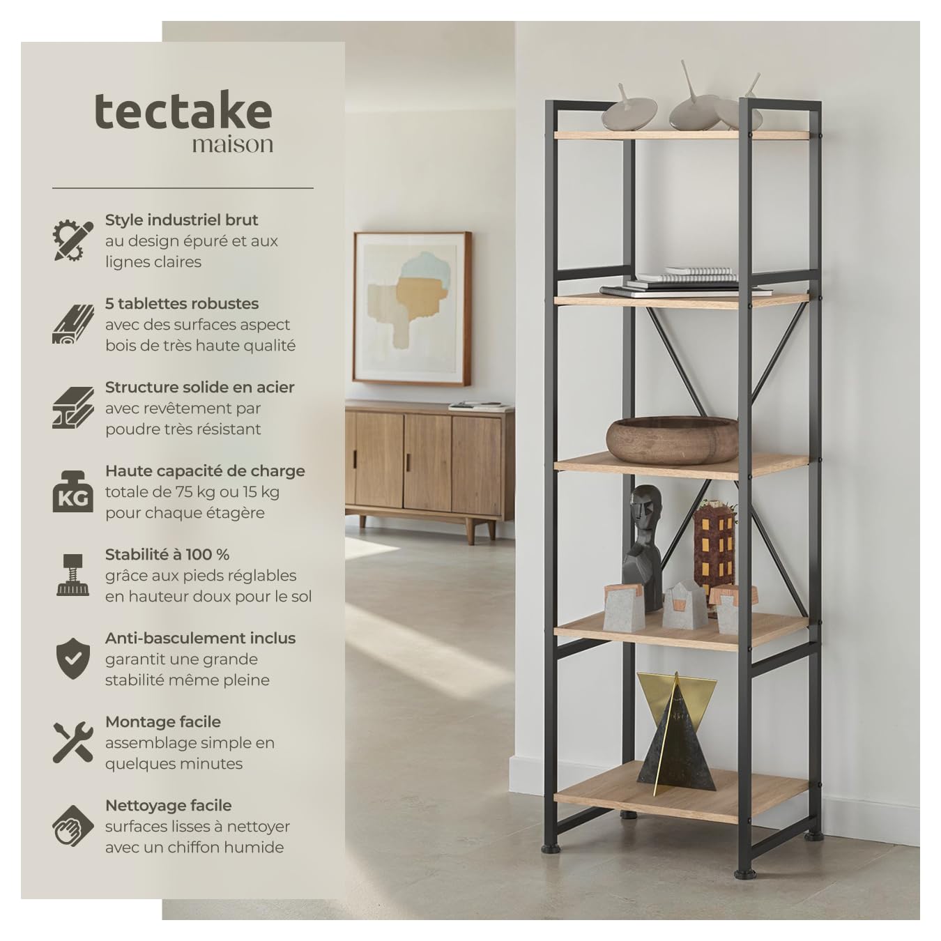 tectake® Étagère Bibliothèque Colonne Meuble de Rangement à 5 Niveaux Meuble Industriel Moderne Structure en Acier et en Bois MDF pour Rangement Bureau, Salon,Cuisine, Chambre, Dressing